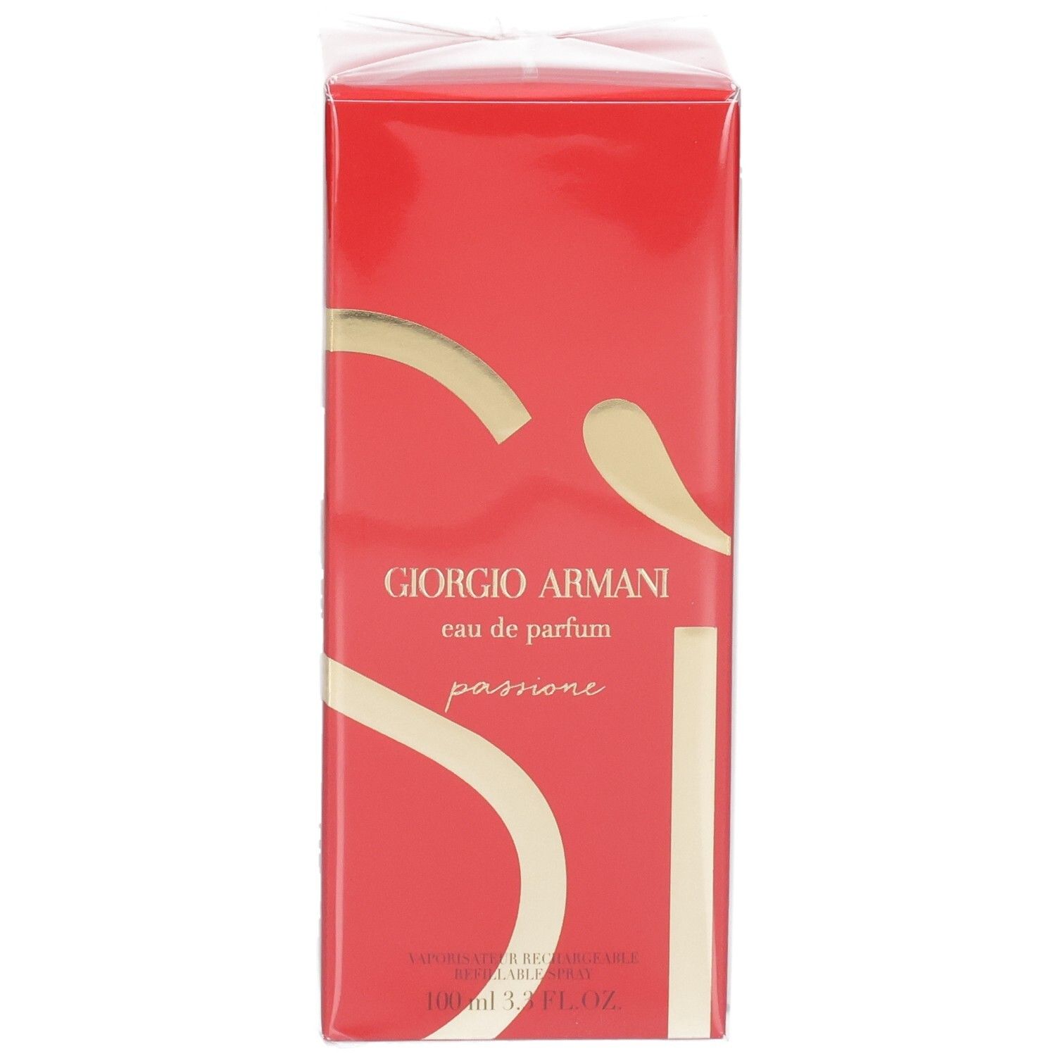 Giorgio Armani Si Passione Eau de Parfum 100ml Verpackung. Rote Schachtel mit goldenen Akzenten und Schriftzug.