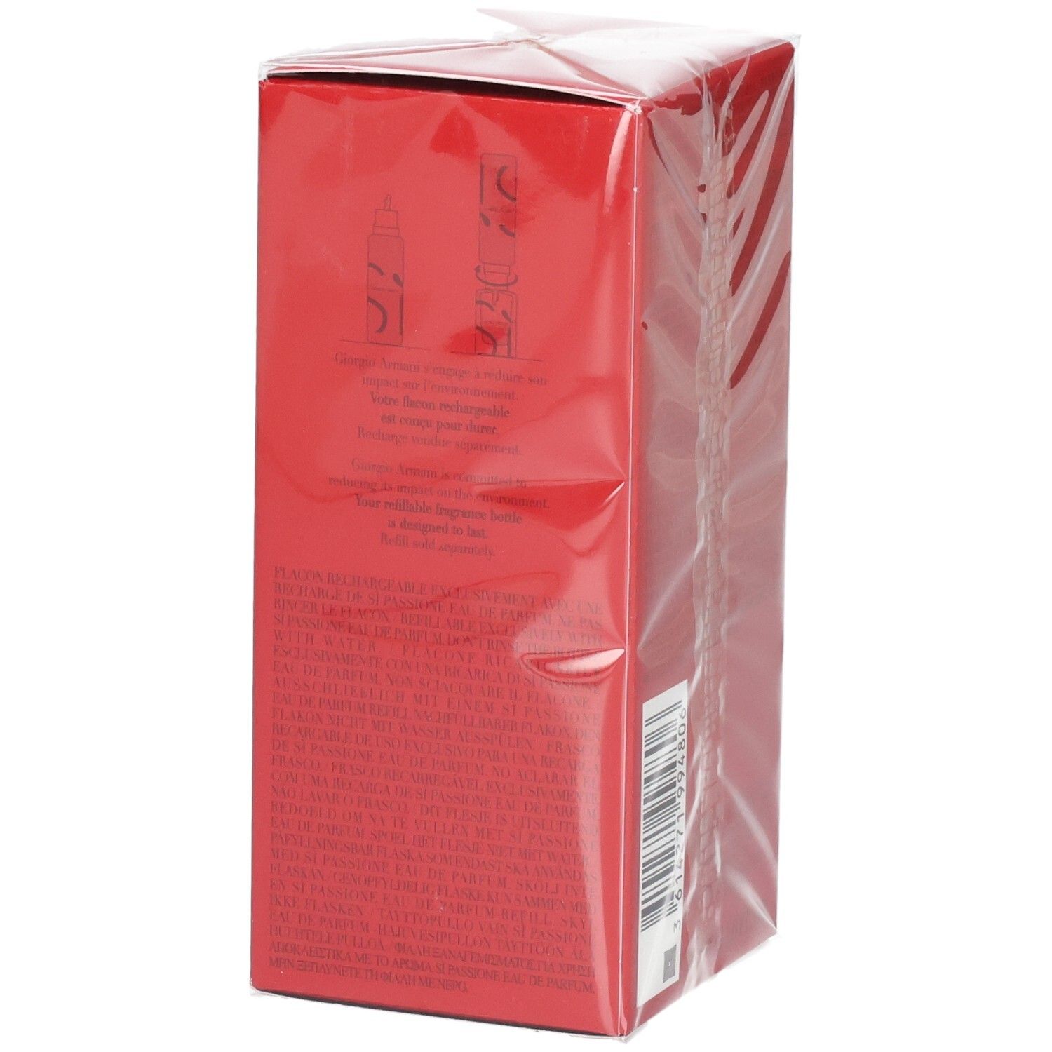 Seite der Giorgio Armani Sì Passione Verpackung mit Produktinformationen.