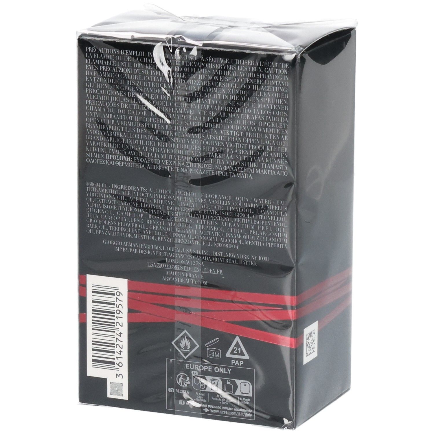 Schwarze Produktverpackung mit roten Streifen und Textinformationen. Enthält Barcode und Warnsymbole.