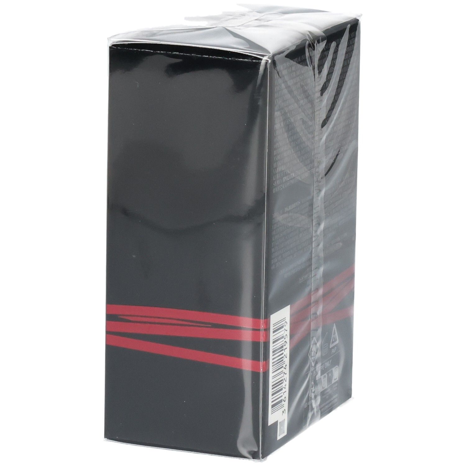 Schwarze rechteckige Verpackung mit roten Linien und Barcode.