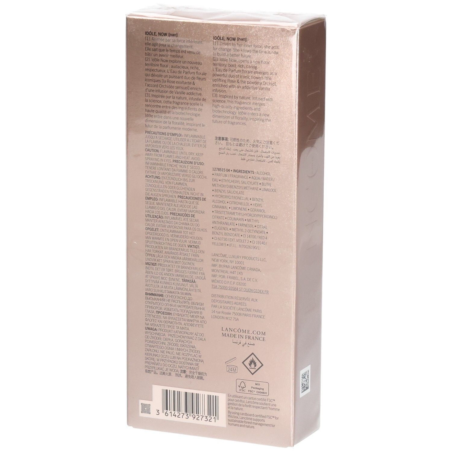 Lancôme Idôle Now Eau de Parfum Florale 100ml. Rückseite mit Produktinformationen.