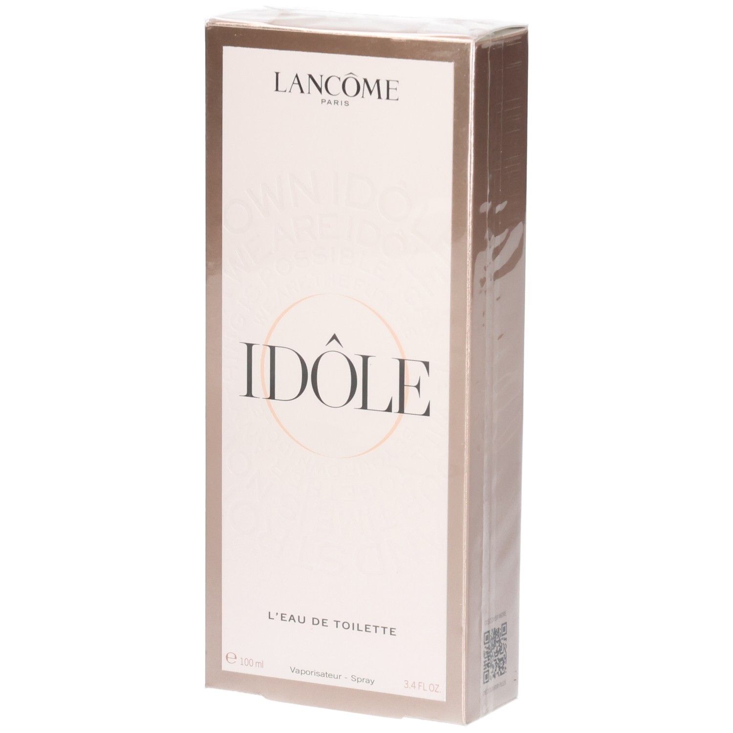 Lancôme Idôle L'Eau de Toilette Kartonverpackung, Vorderseite mit Produktnamen und Logo.