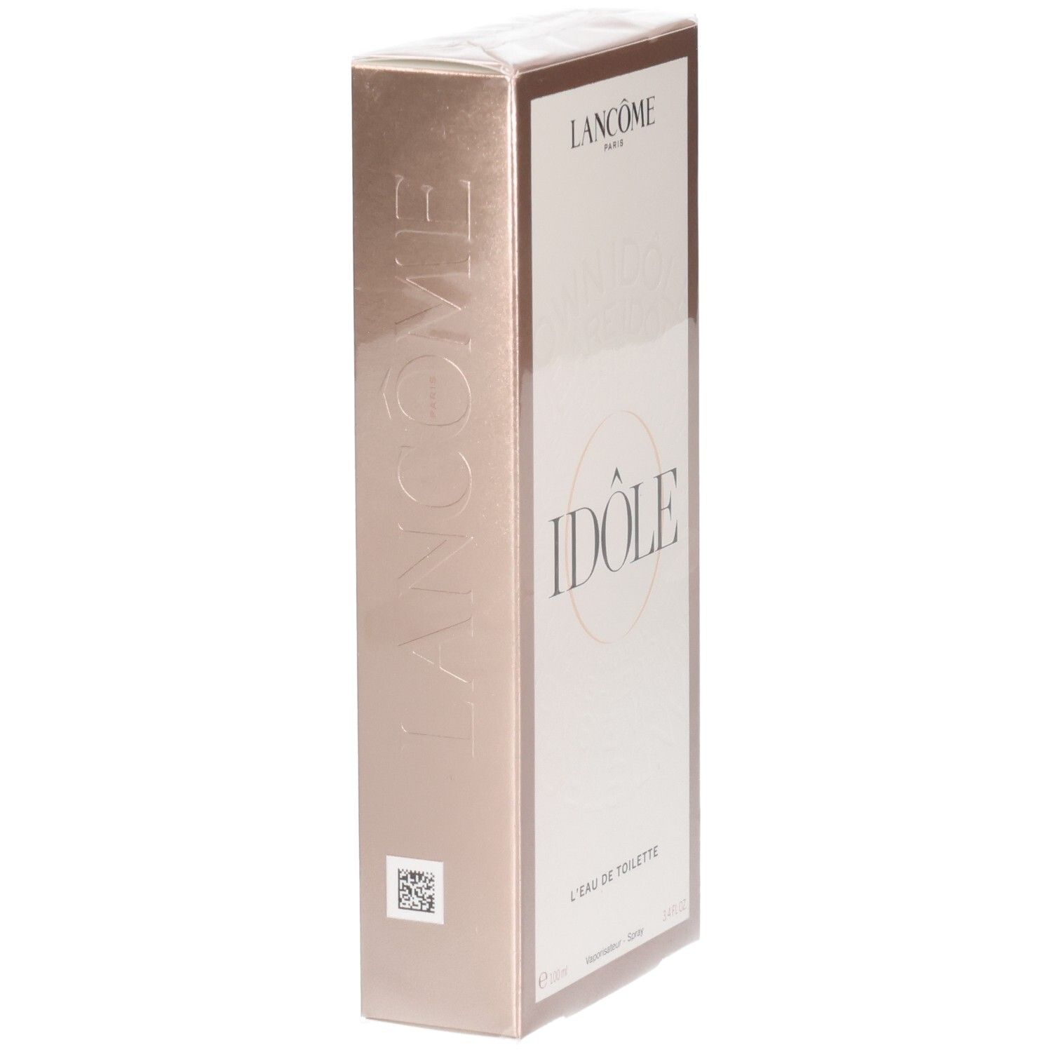 Lancôme Idôle L'Eau de Toilette Kartonverpackung, Seitenansicht mit geprägtem Markennamen.