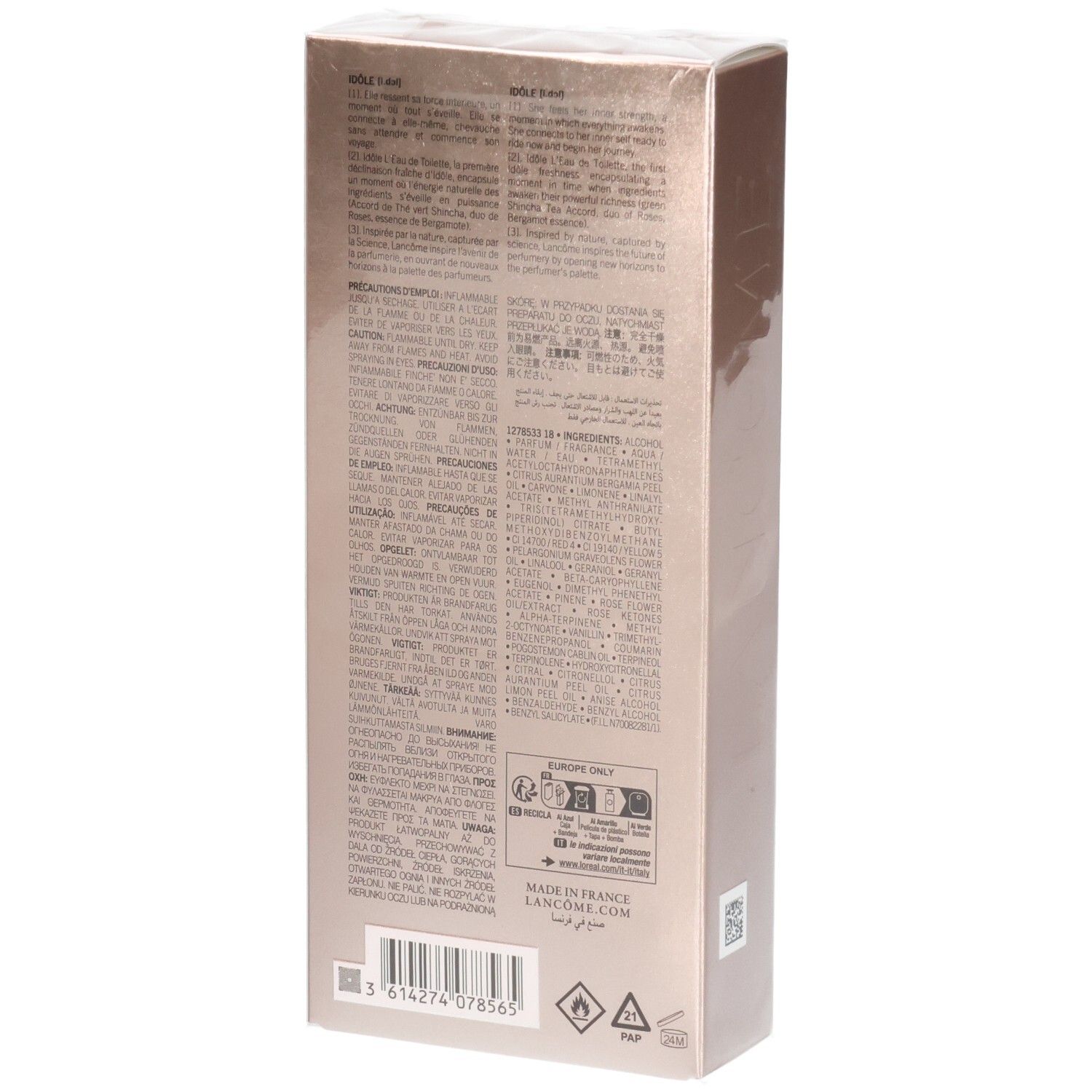 Lancôme Idôle L'Eau de Toilette Kartonverpackung, Rückseite mit Inhaltsstoffen und Anwendungshinweisen.