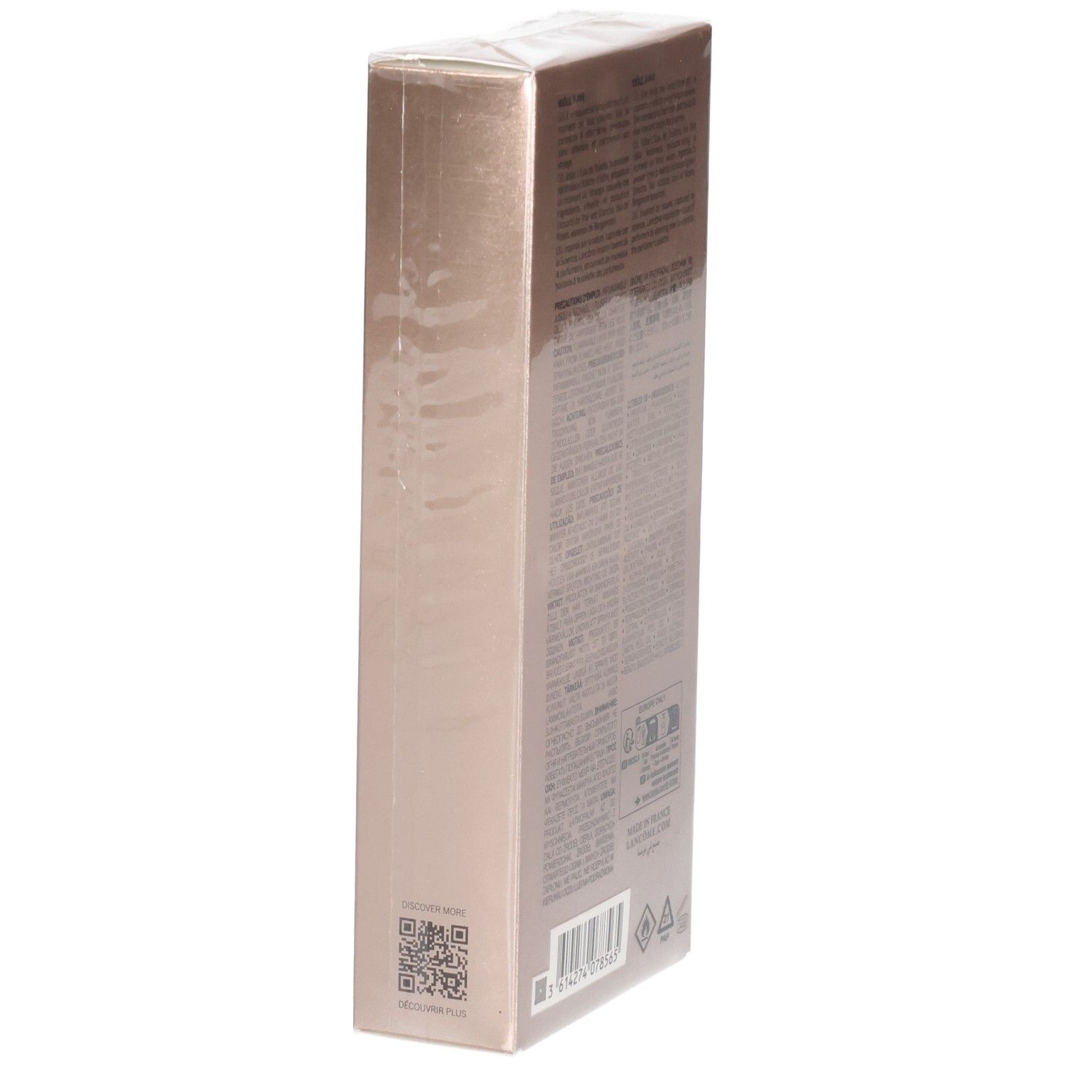 Lancôme Idôle L'Eau de Toilette Kartonverpackung, Seitenansicht mit QR-Code und Barcode.