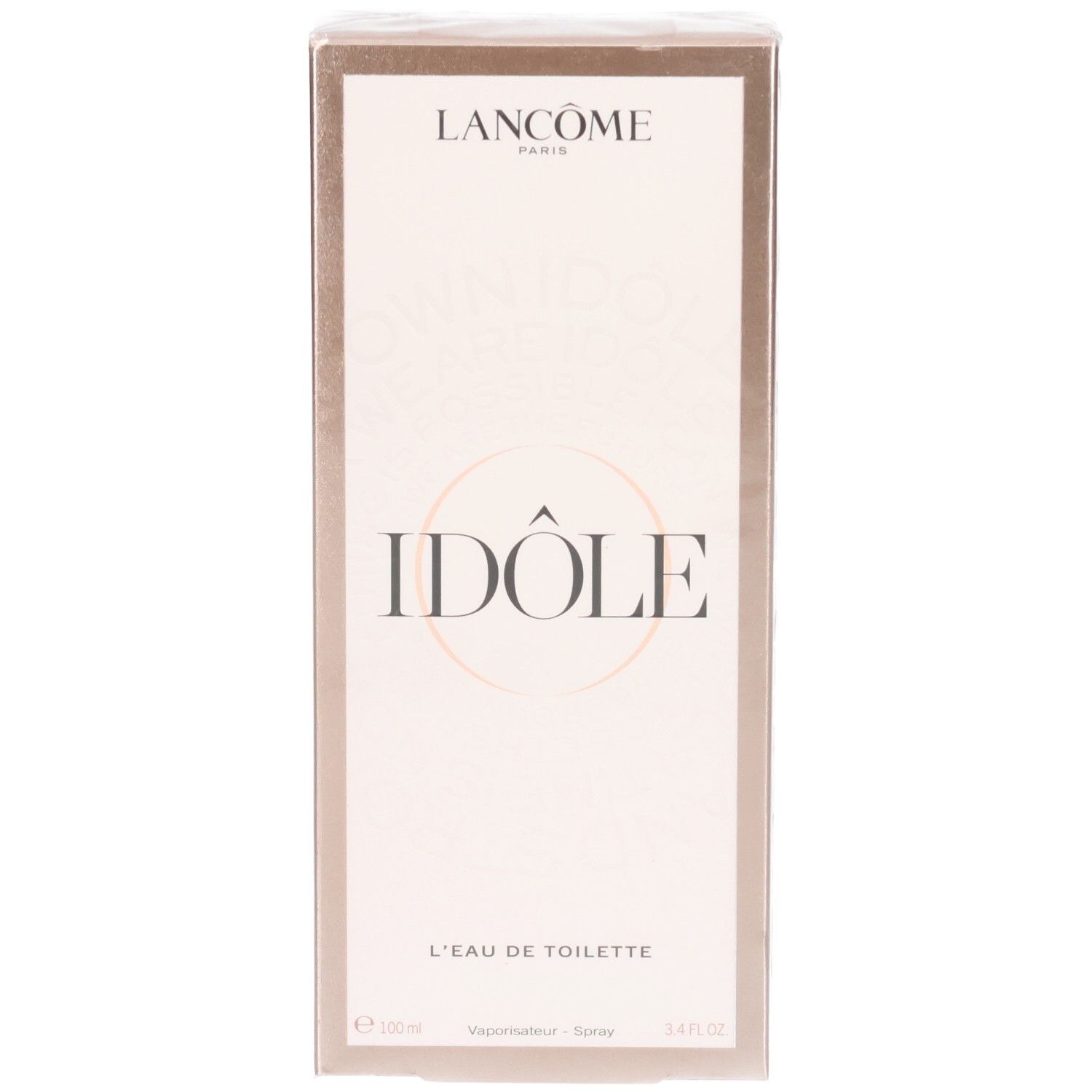 Lancôme Idôle L'Eau de Toilette Kartonverpackung, Vorderseite mit Produktnamen und Logo.