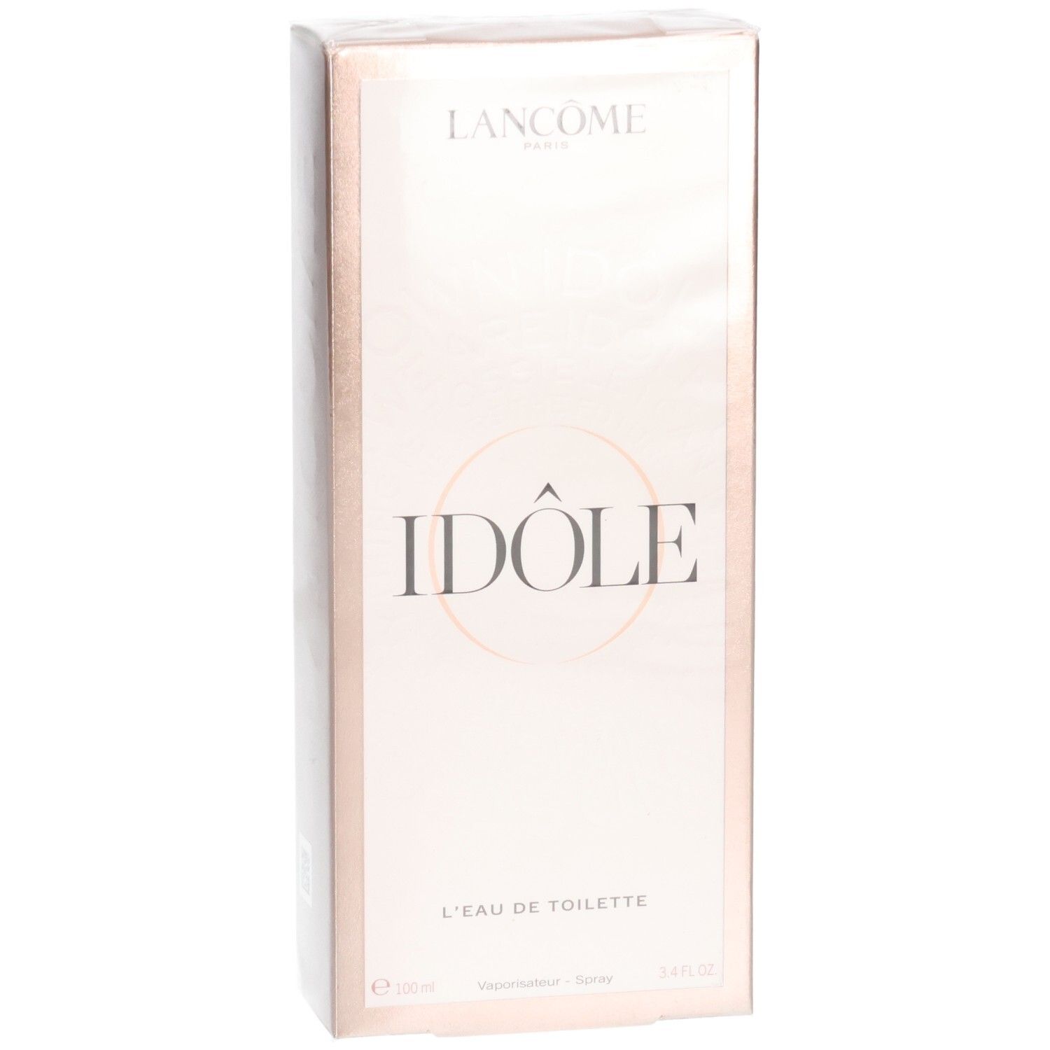 Lancôme Idôle L'Eau de Toilette Kartonverpackung, Vorderseite mit Produktnamen und Logo.