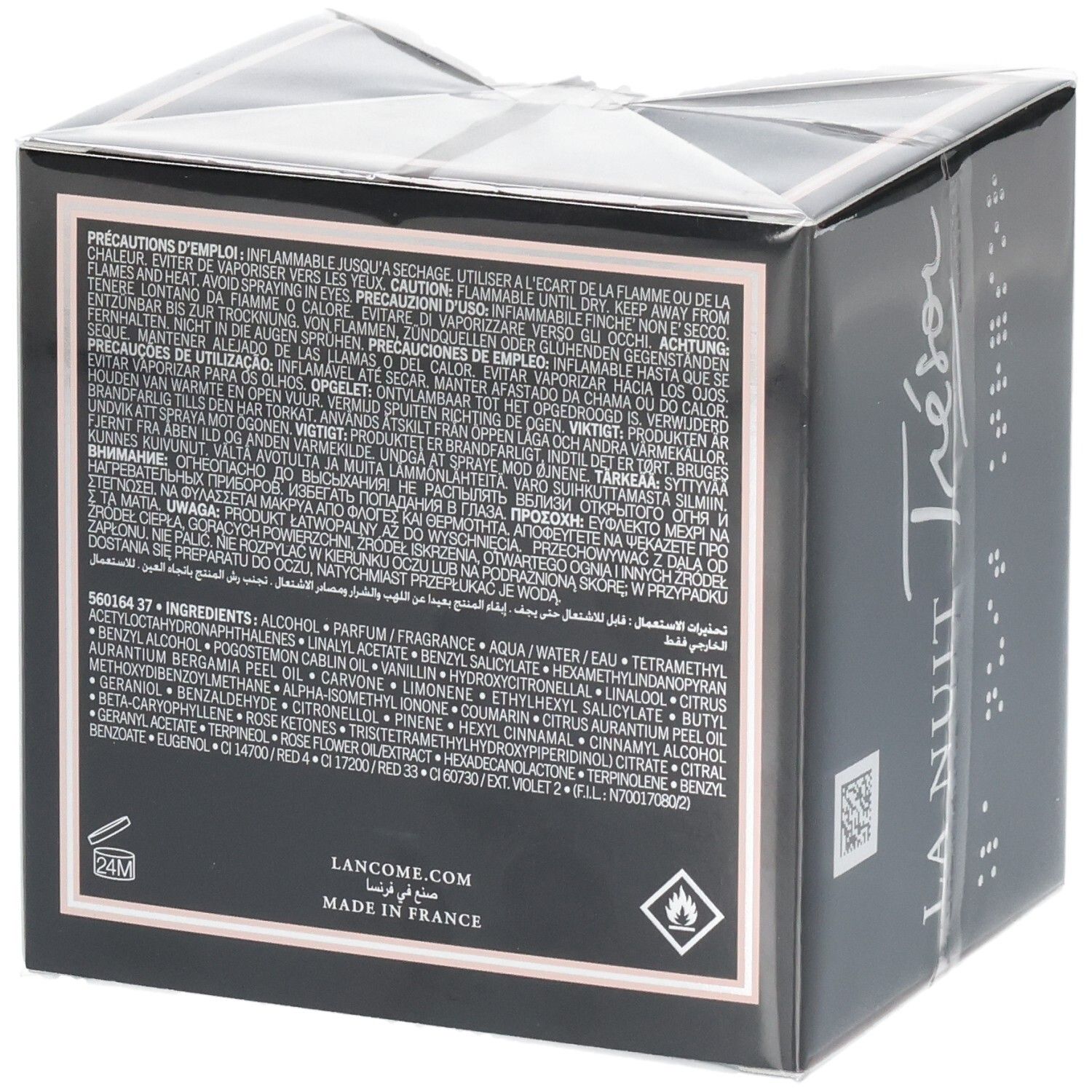 Lancôme La Nuit Trésor L'Eau de Parfum Rückseite mit Inhaltsstoffen und Anwendungshinweisen.