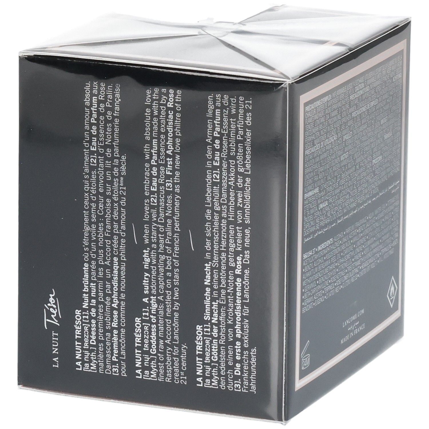 Lancôme La Nuit Trésor L'Eau de Parfum Seitenansicht mit Produktbeschreibung.