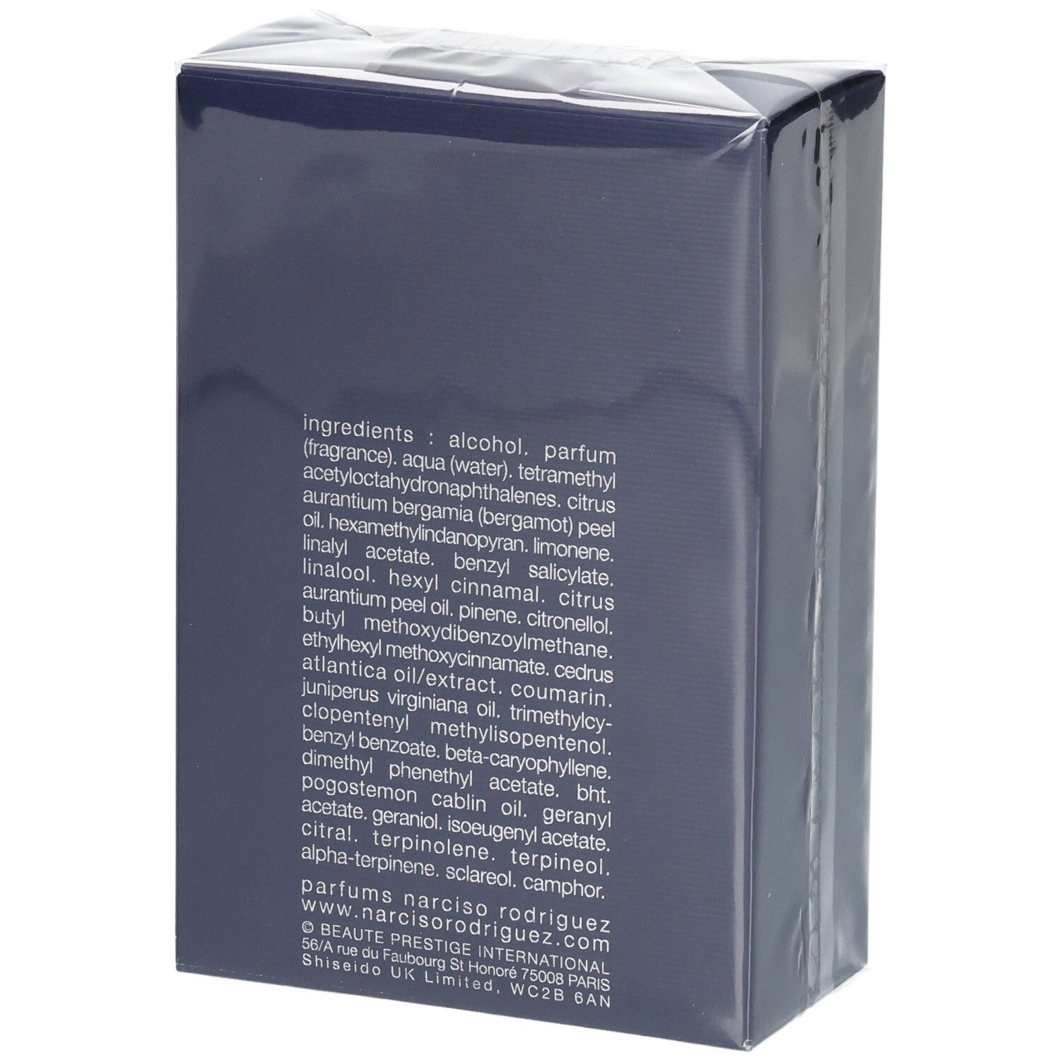 Narciso Rodriguez For Him Bleu Noir Eau de Parfum, 100 ml, Rückseite mit Inhaltsstoffen.