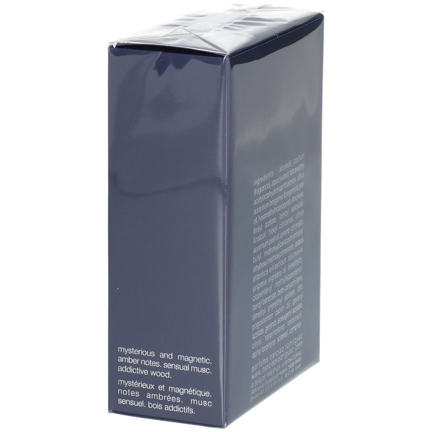 Narciso Rodriguez For Him Bleu Noir Eau de Parfum, 100 ml, Seite mit Duftbeschreibung.