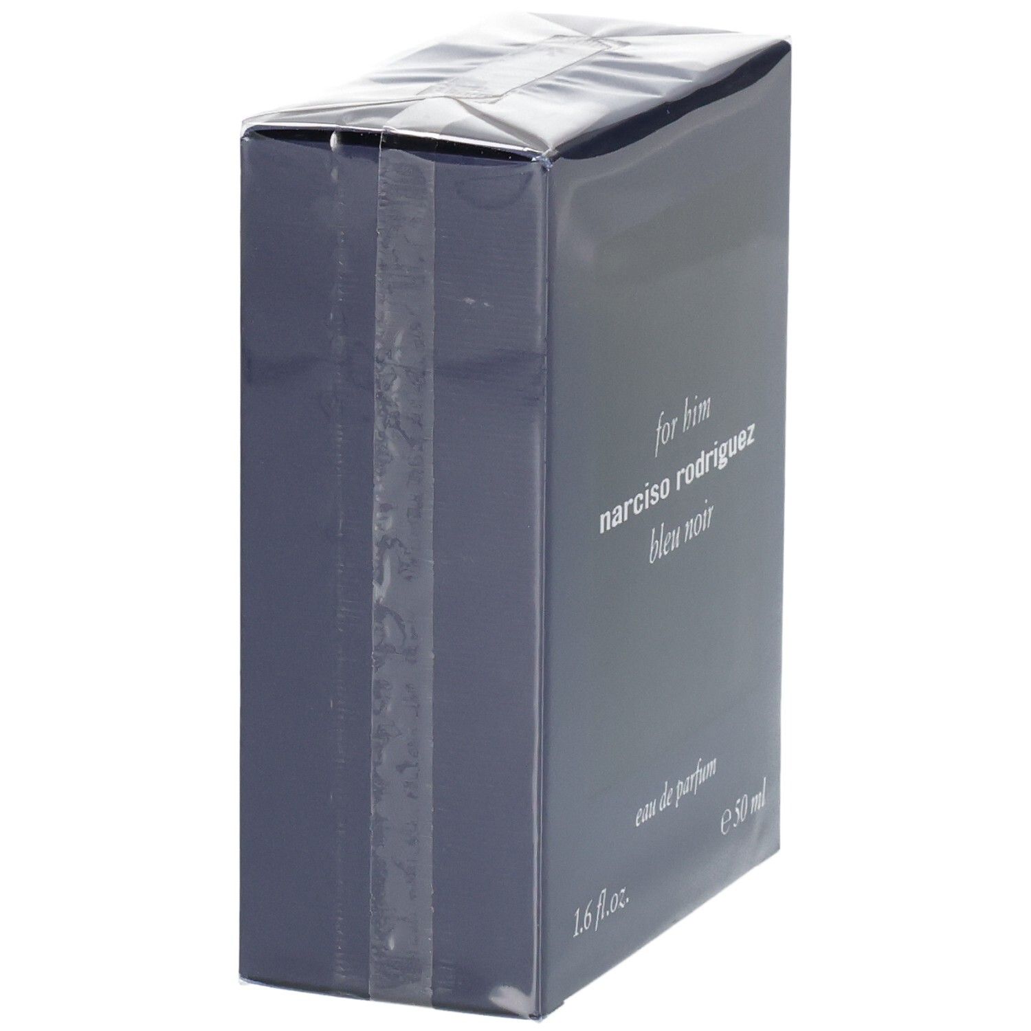 Seitenansicht der Verpackung von Narciso Rodriguez For Him Bleu Noir Eau de Parfum.