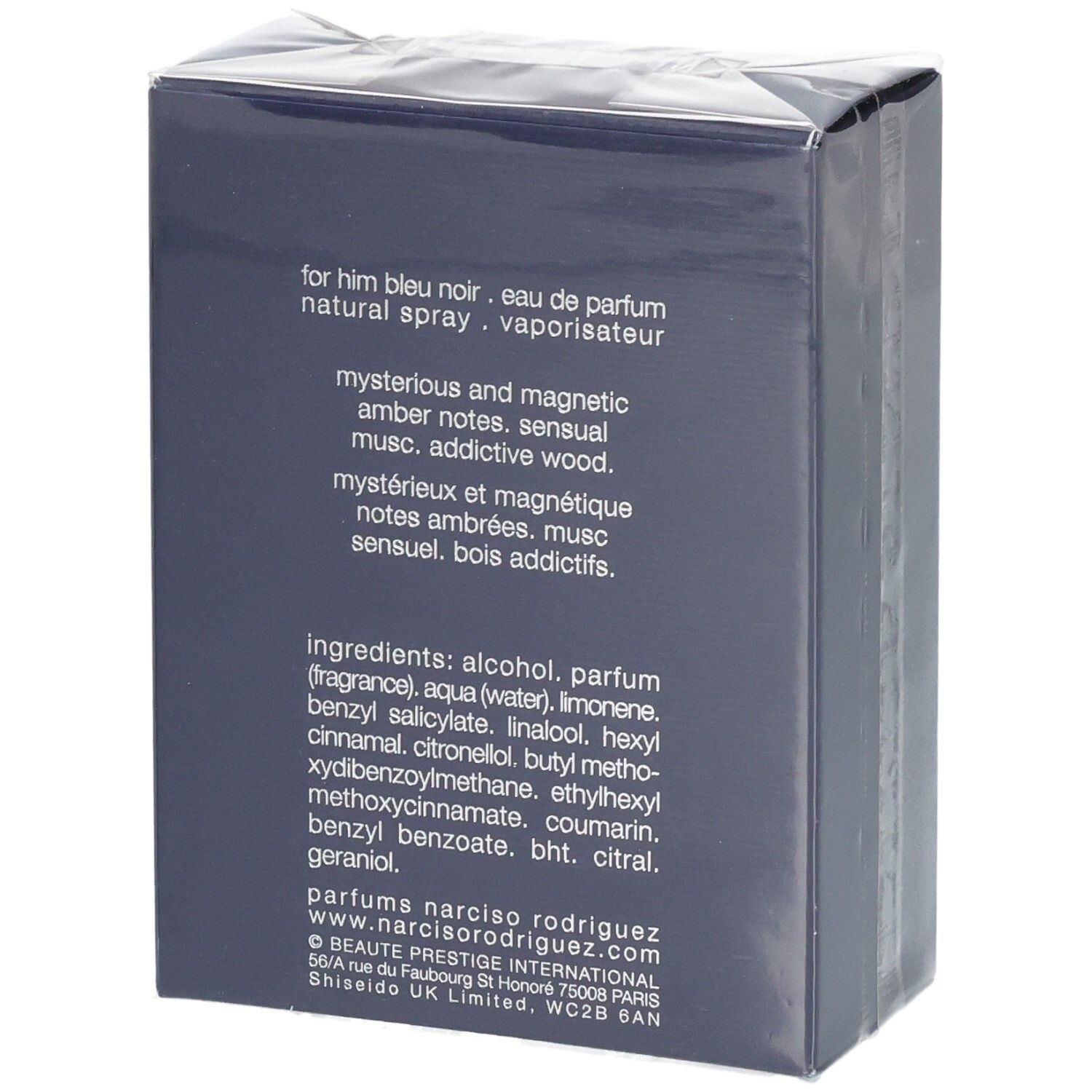 Rückseite der Verpackung mit Inhaltsstoffen und Duftnoten von Narciso Rodriguez For Him Bleu Noir Eau de Parfum.
