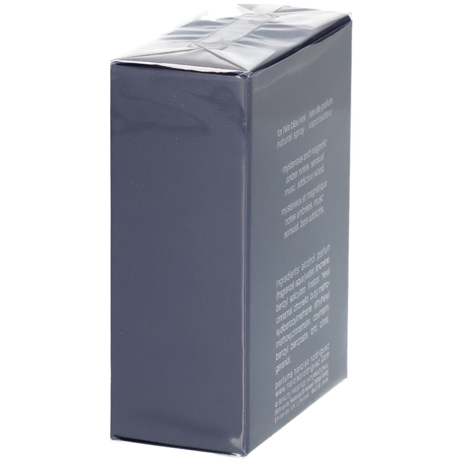 Seitenansicht der Verpackung von Narciso Rodriguez For Him Bleu Noir Eau de Parfum.