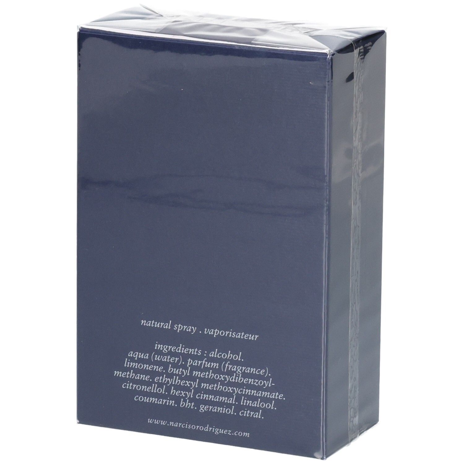Rückseite der Narciso Rodriguez For Him Bleu Noir Eau de Toilette Verpackung mit Inhaltsstoffen.