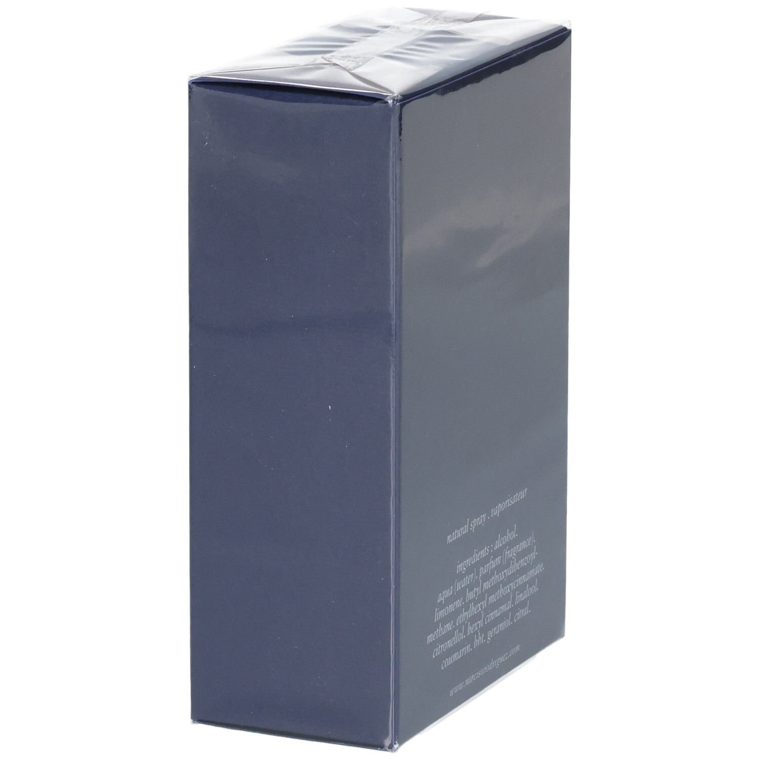 Narciso Rodriguez For Him Bleu Noir Eau de Toilette Kartonverpackung, Seitenansicht.
