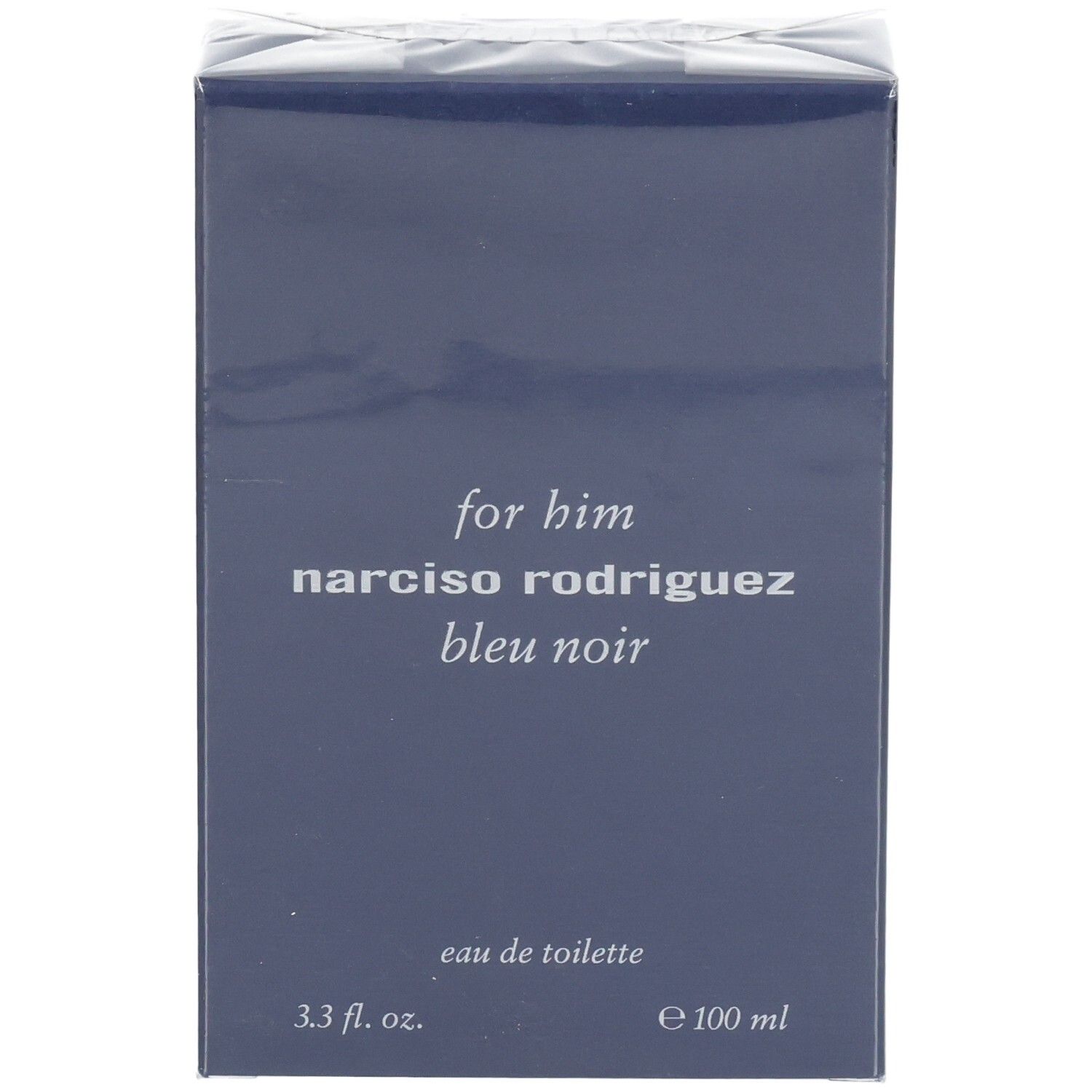 Vorderseite der Narciso Rodriguez For Him Bleu Noir Eau de Toilette Verpackung, 100 ml.