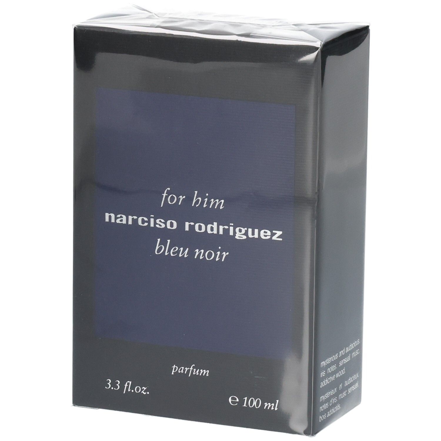 Verpackung von Narciso Rodriguez For Him Bleu Noir Parfum, 100 ml.