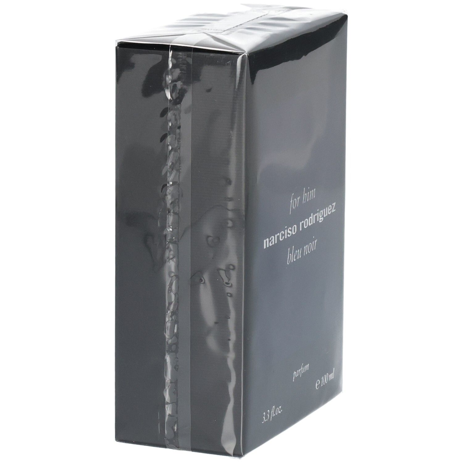 Seitenansicht der Narciso Rodriguez For Him Bleu Noir Parfum Verpackung.