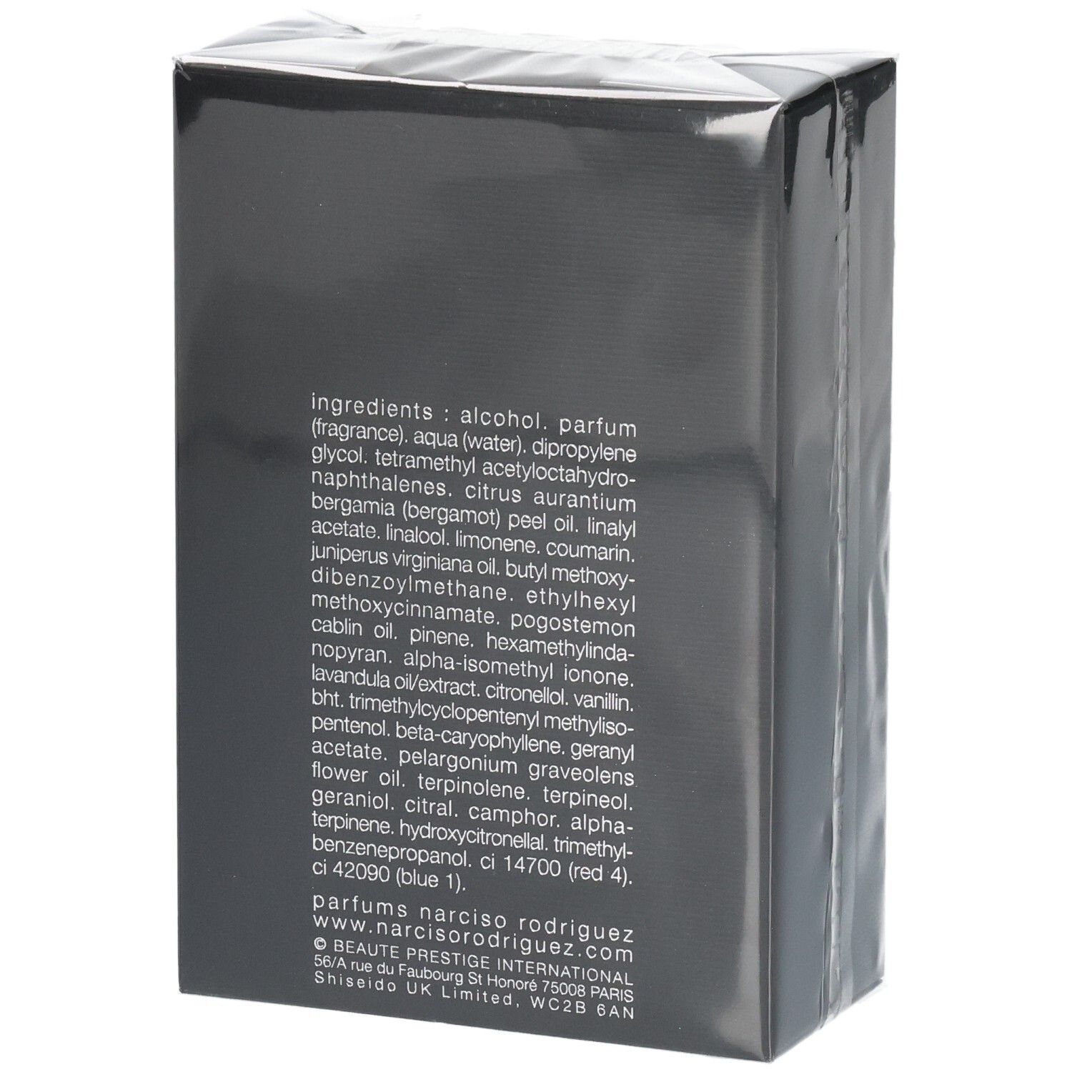 Rückseite der Narciso Rodriguez For Him Bleu Noir Parfum Verpackung mit Inhaltsstoffen.
