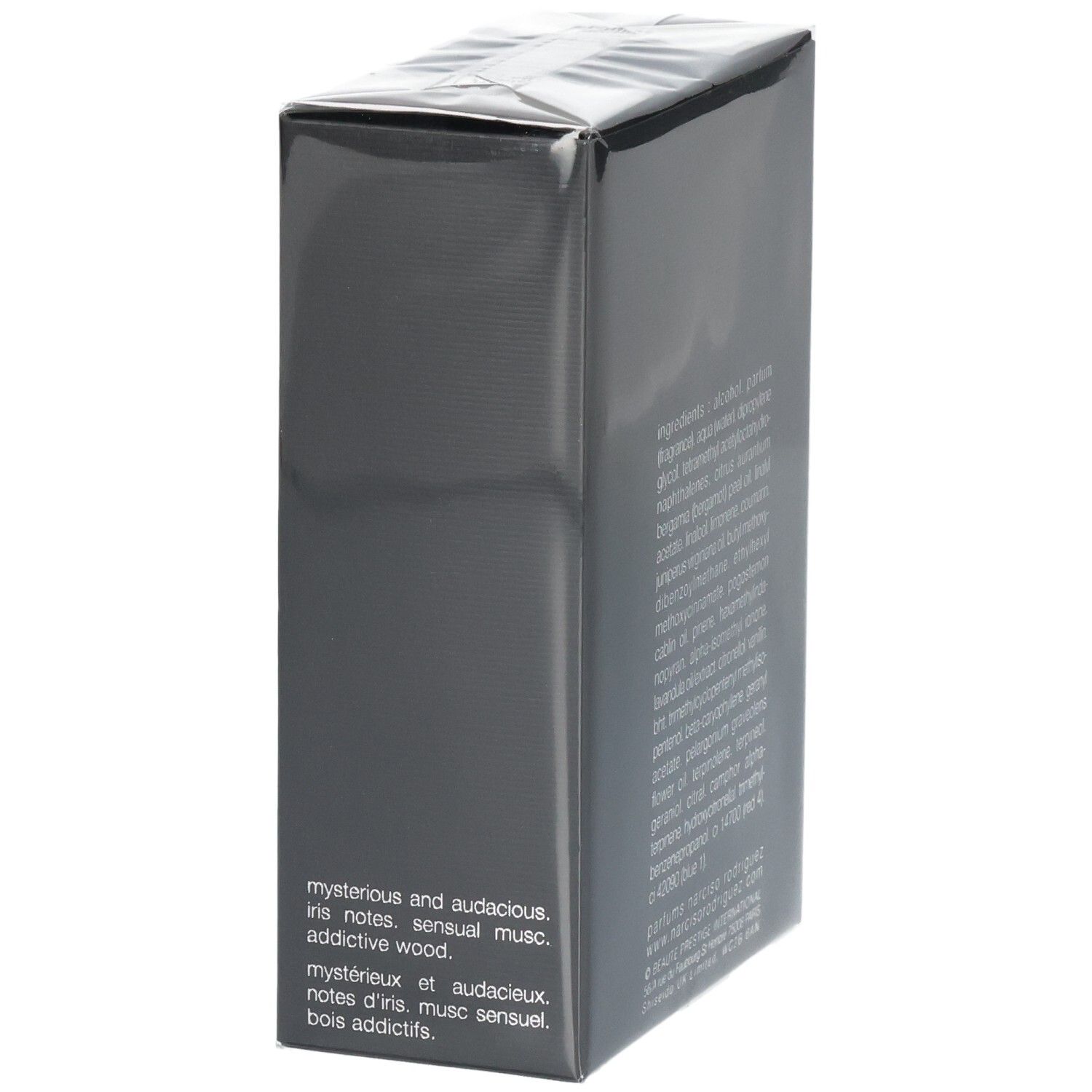 Seitenansicht der Narciso Rodriguez For Him Bleu Noir Parfum Verpackung mit Beschreibung.