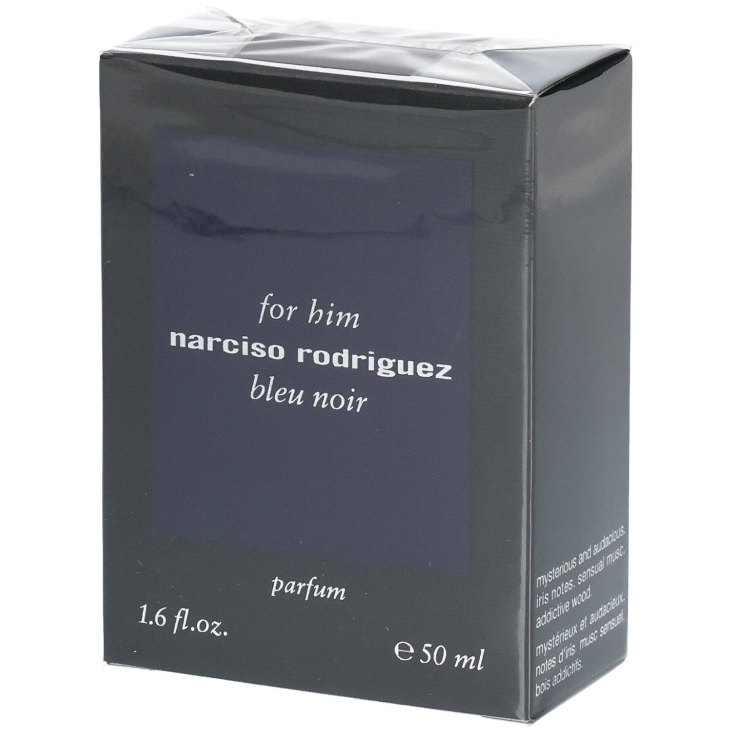 Verpackung von Narciso Rodriguez For Him Bleu Noir Parfum, 50 ml.