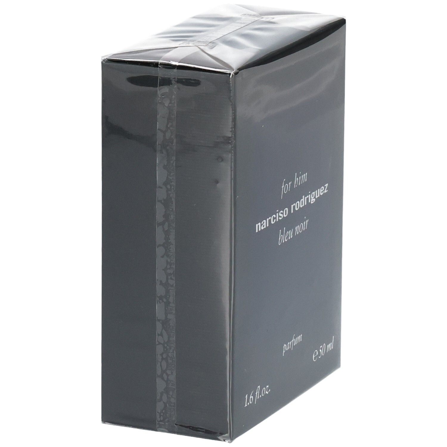 Seitenansicht der Narciso Rodriguez For Him Bleu Noir Parfum Verpackung, 50 ml.