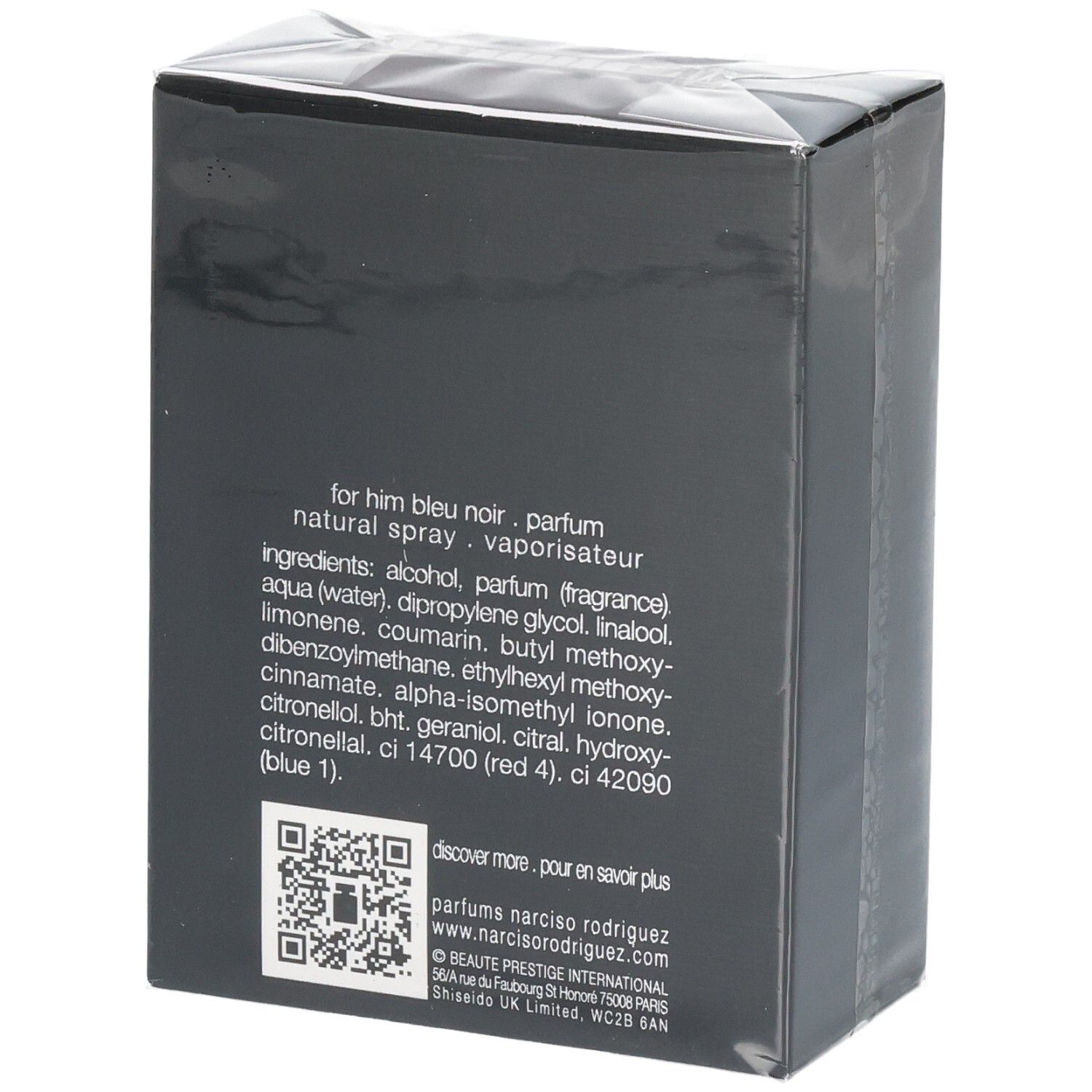 Rückseite der Narciso Rodriguez For Him Bleu Noir Parfum Verpackung mit Inhaltsstoffen, 50 ml.