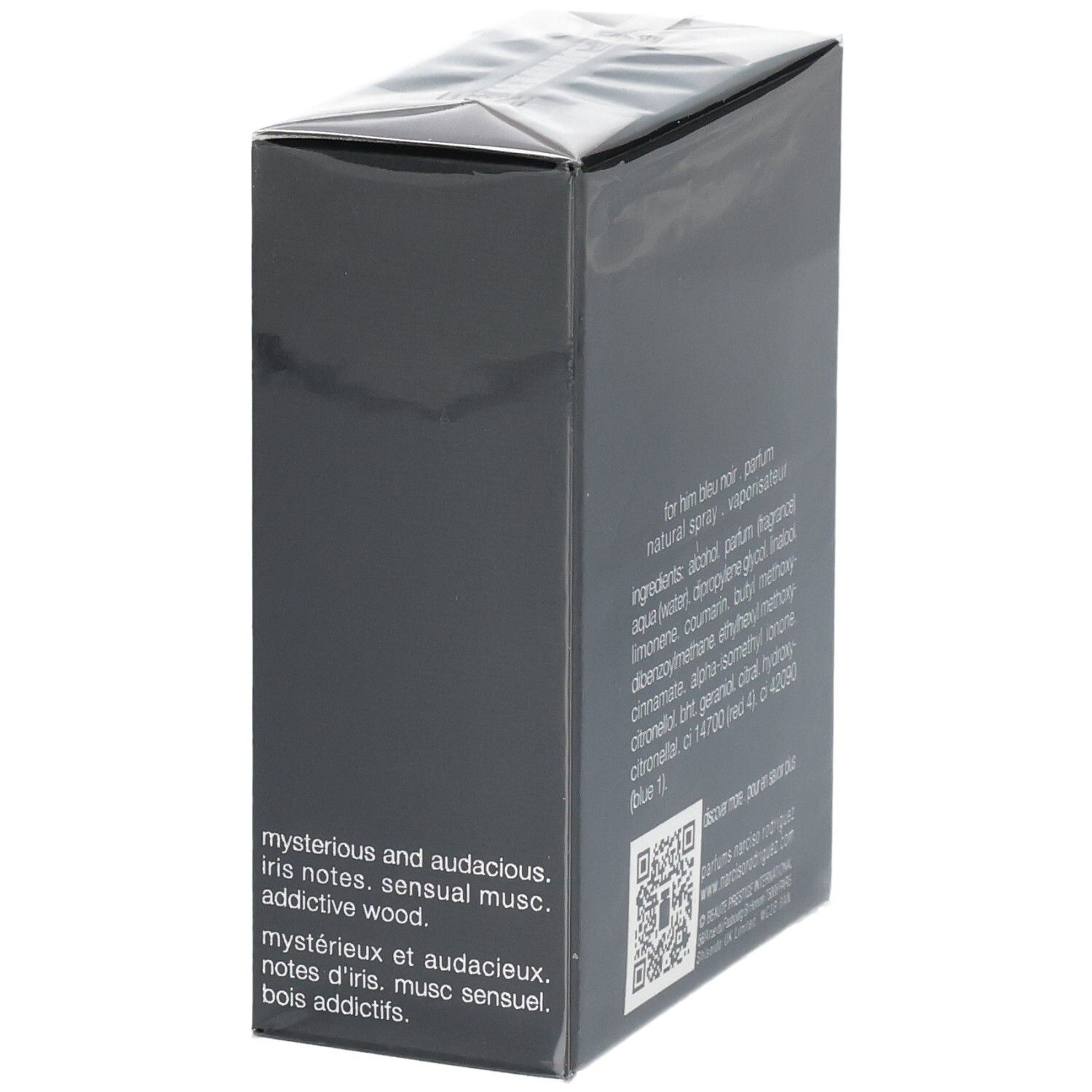 Seitenansicht der Narciso Rodriguez For Him Bleu Noir Parfum Verpackung mit Beschreibung, 50 ml.