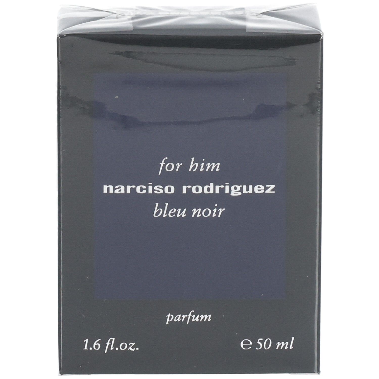 Vorderseite der Narciso Rodriguez For Him Bleu Noir Parfum Verpackung, 50 ml.