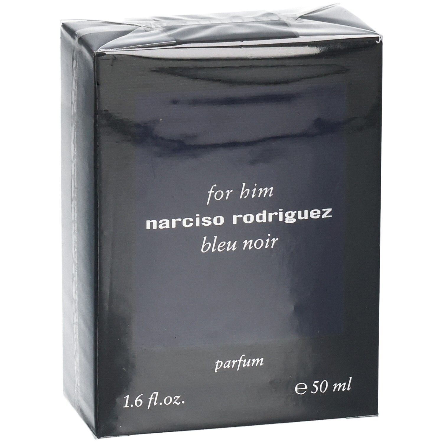 Verpackung von Narciso Rodriguez For Him Bleu Noir Parfum, 50 ml, leicht schräg.