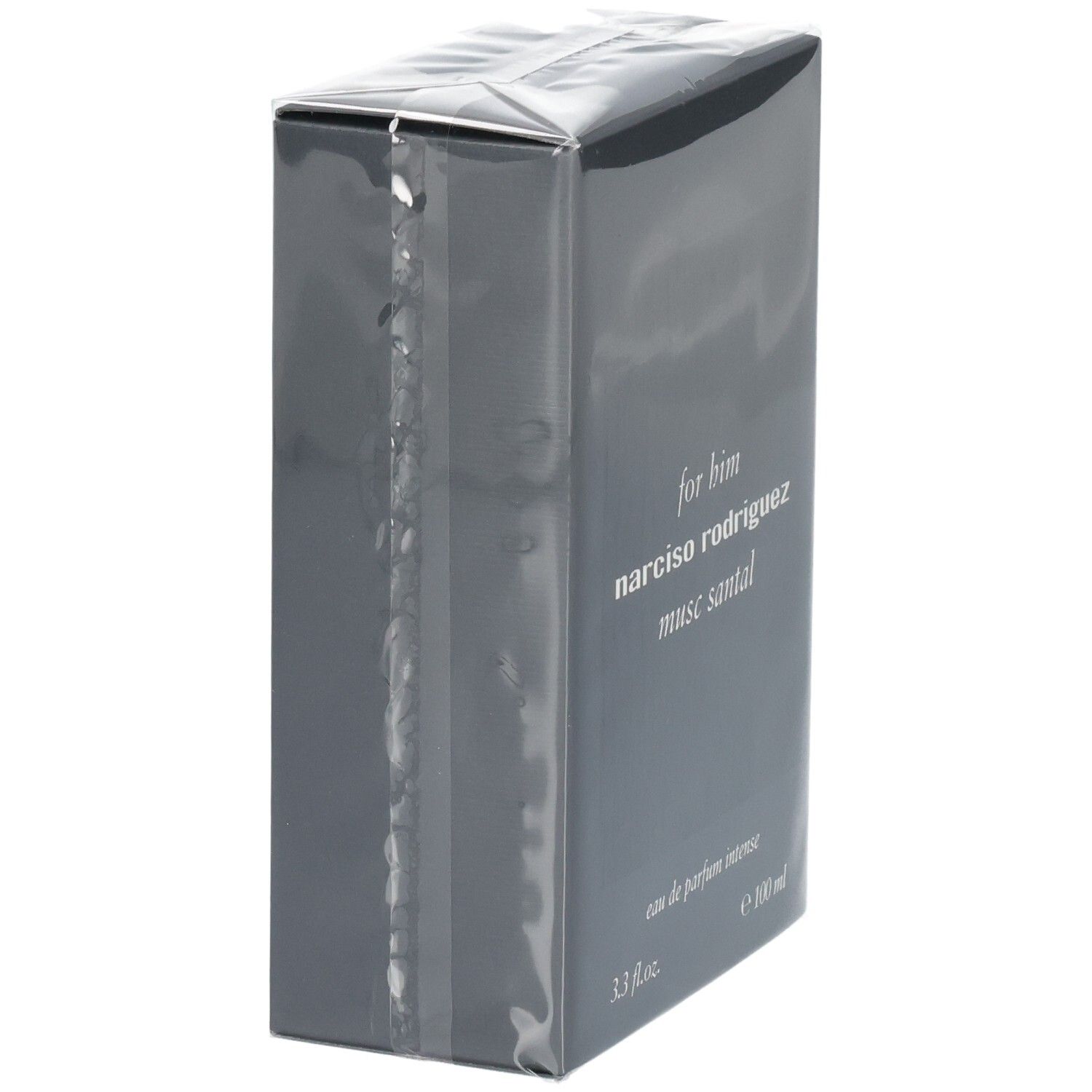 Seitenansicht der Verpackung von Narciso Rodriguez For Him Musc Santal Eau de Parfum Intense.