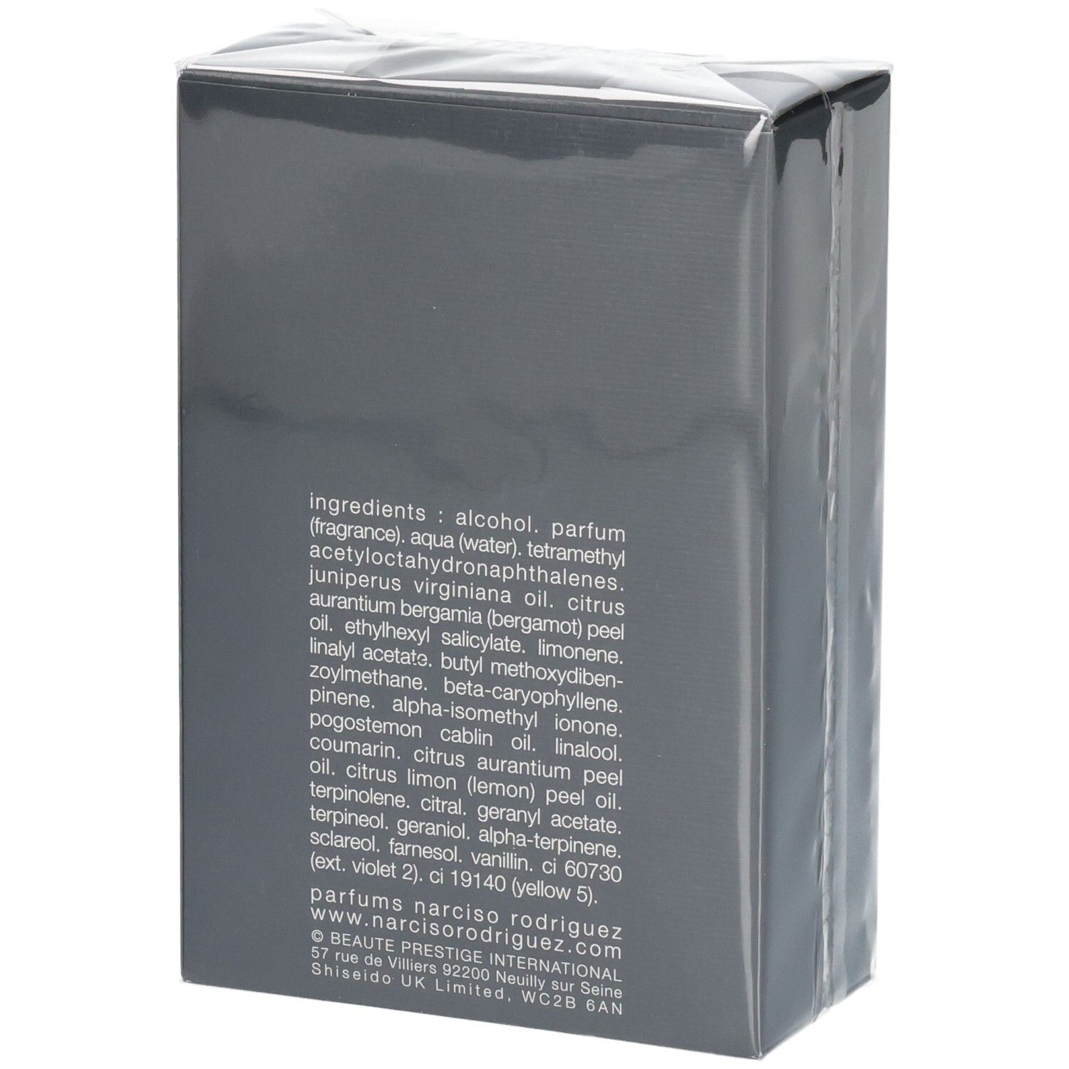 Rückseite der Verpackung mit Inhaltsstoffen von Narciso Rodriguez For Him Musc Santal Eau de Parfum Intense.