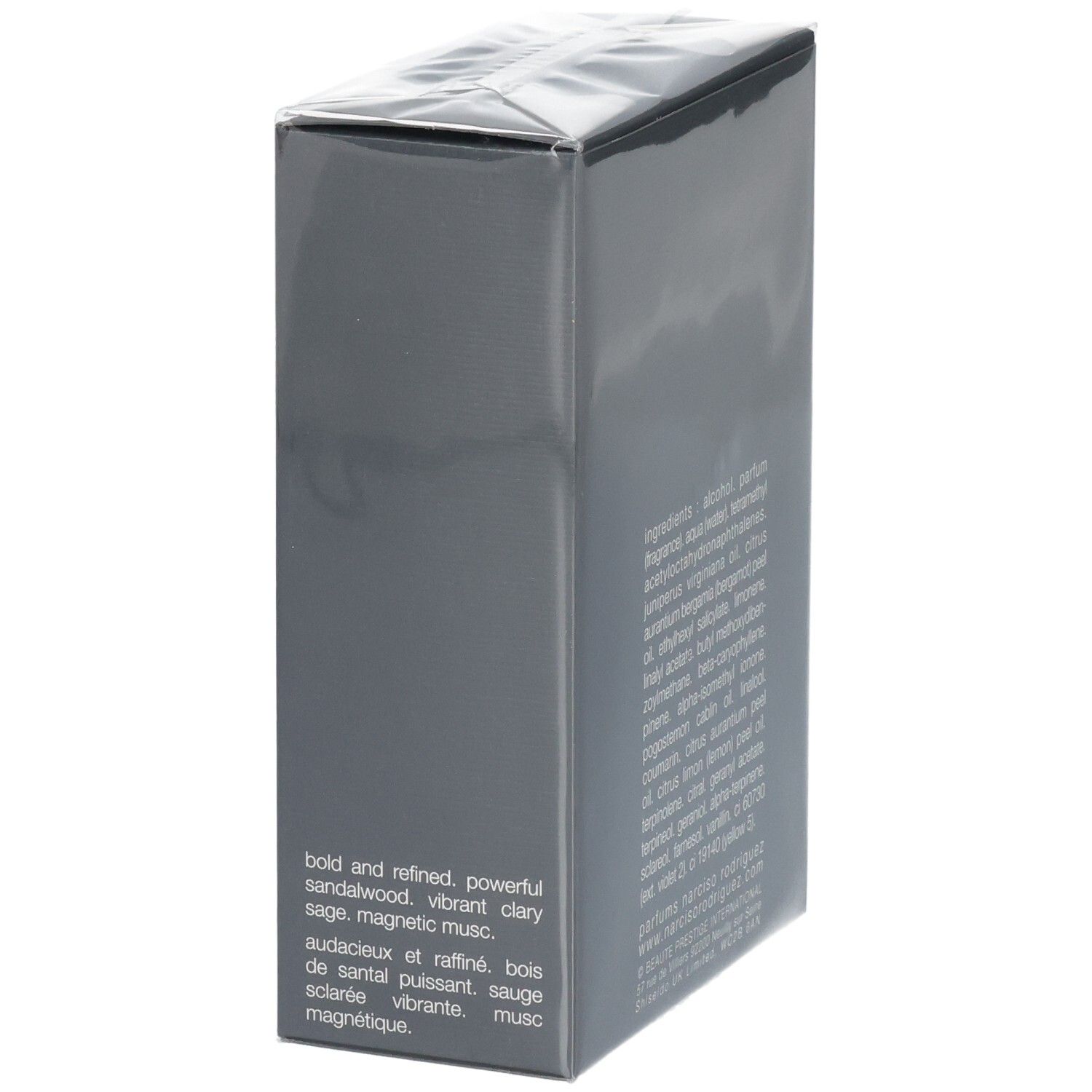 Seitenansicht der Verpackung mit Beschreibung von Narciso Rodriguez For Him Musc Santal Eau de Parfum Intense.