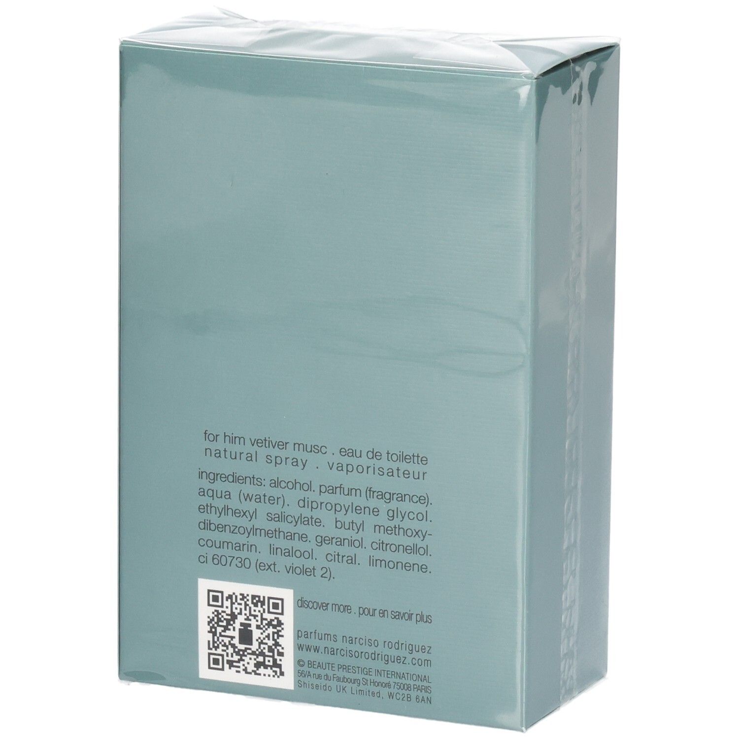 Rückseite der Narciso Rodriguez For Him Vetiver Musc Eau de Toilette 100 ml Verpackung mit Inhaltsstoffen.