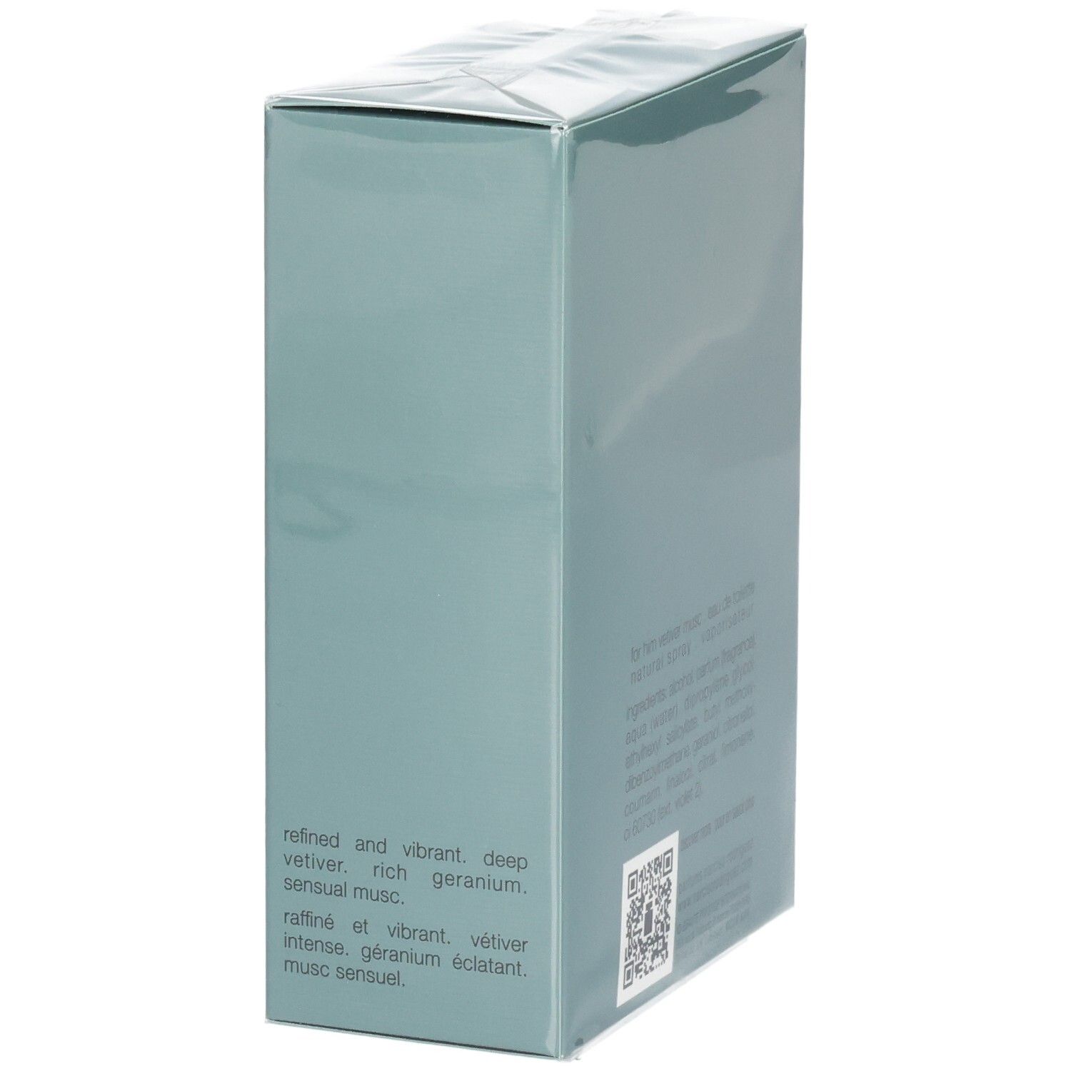 Narciso Rodriguez For Him Vetiver Musc Eau de Toilette 100 ml Verpackung mit englischer und französischer Beschreibung.