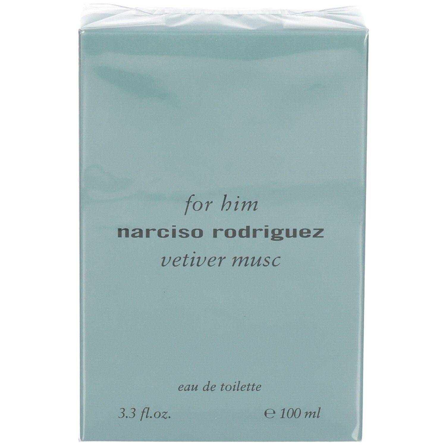 Vorderseite der Narciso Rodriguez For Him Vetiver Musc Eau de Toilette 100 ml Verpackung.
