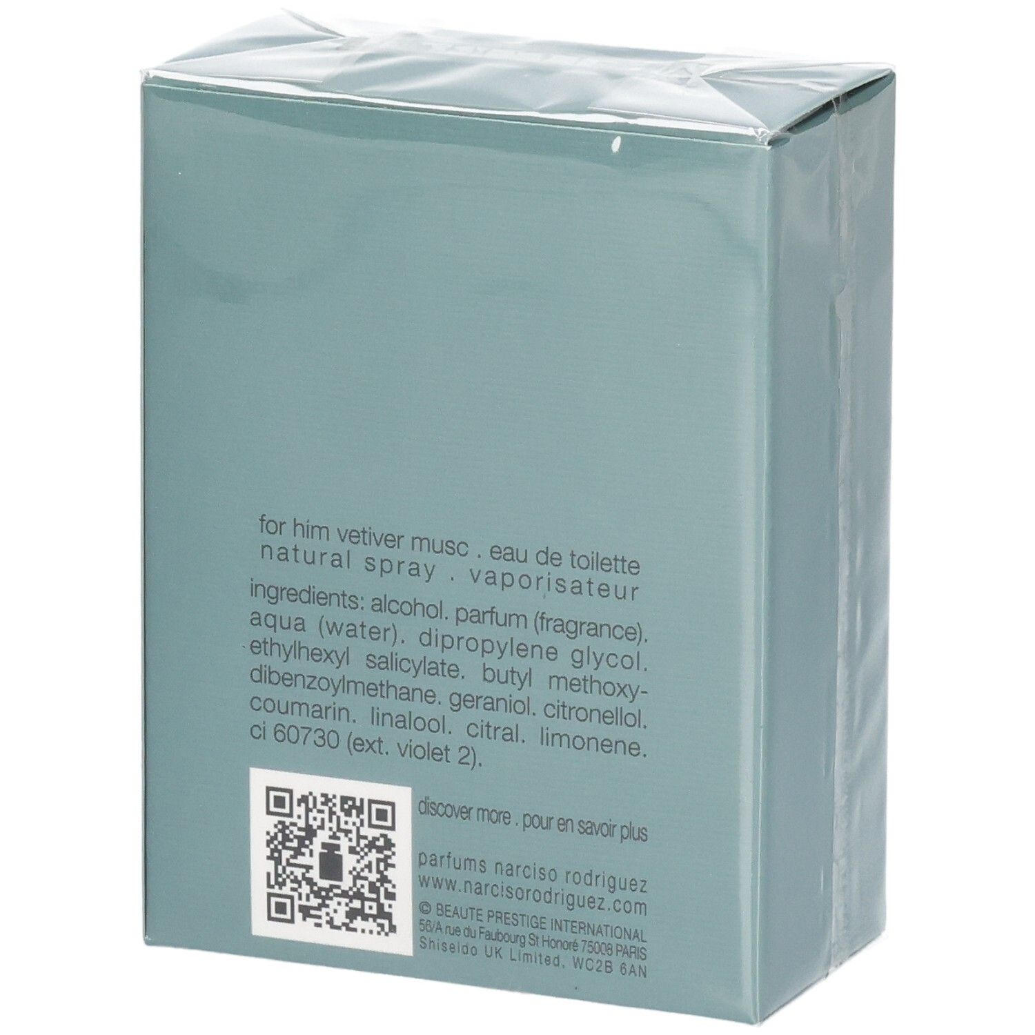 Rückseite der Verpackung von Narciso Rodriguez For Him Vetiver Musc Eau de Toilette mit Inhaltsstoffen.