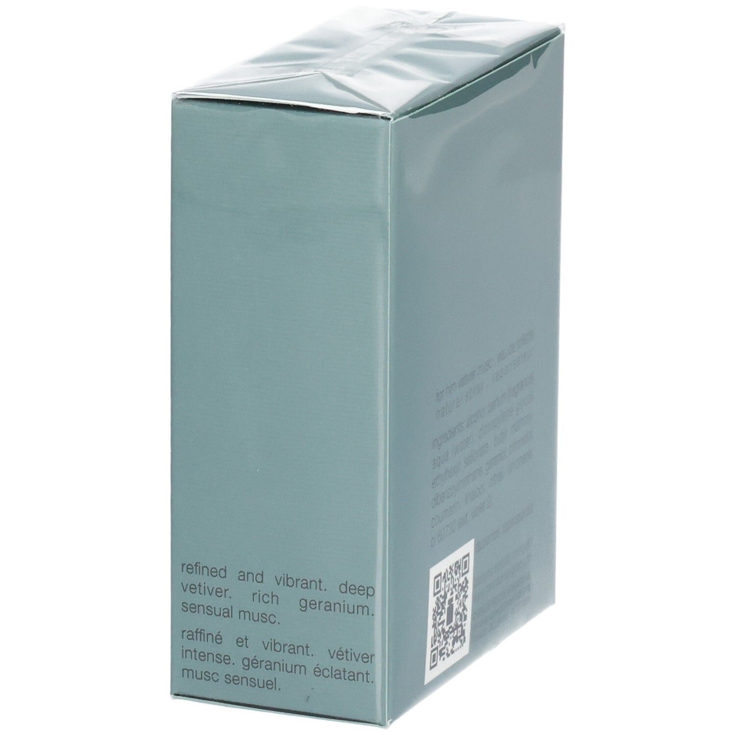 Seitenansicht der Verpackung von Narciso Rodriguez For Him Vetiver Musc Eau de Toilette mit Beschreibung.