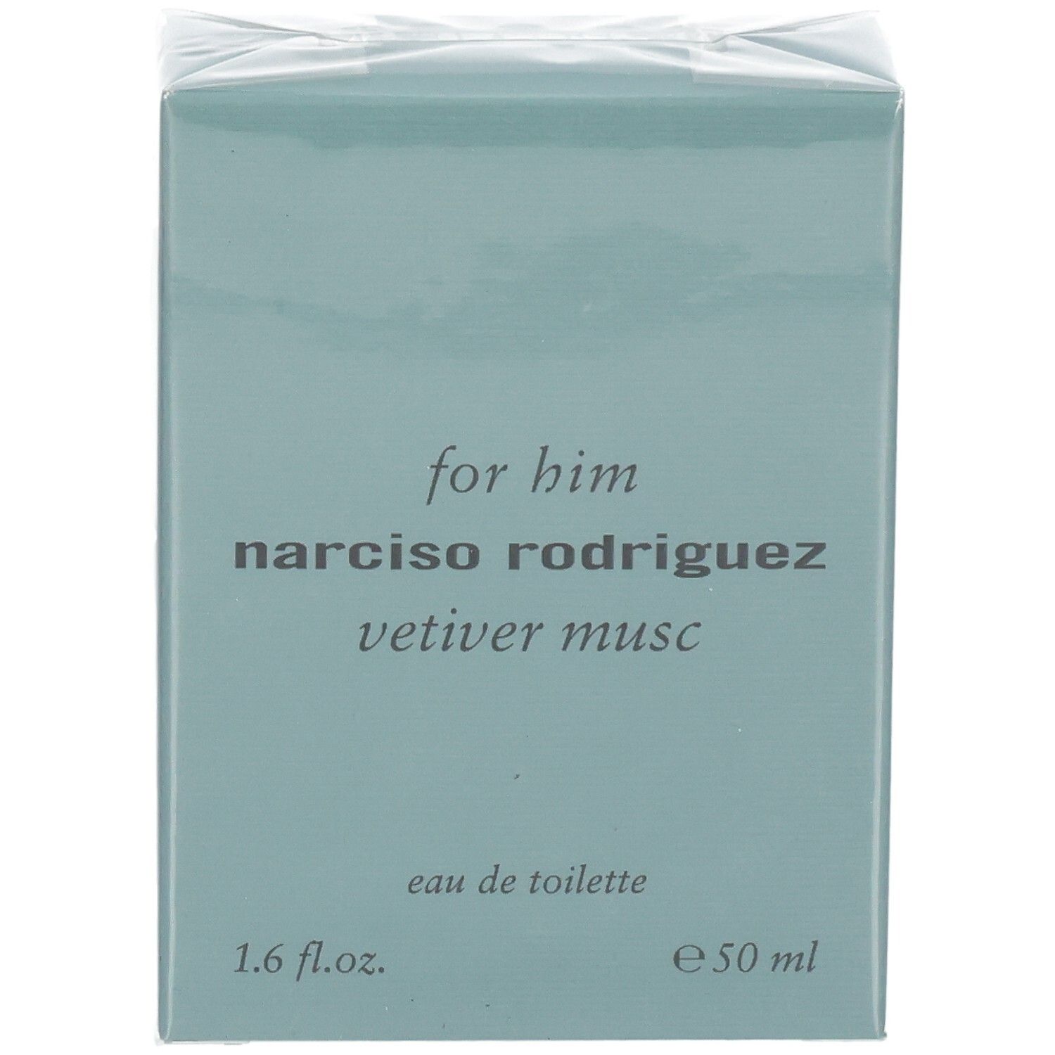 Vorderseite der Verpackung von Narciso Rodriguez For Him Vetiver Musc Eau de Toilette, 50 ml.