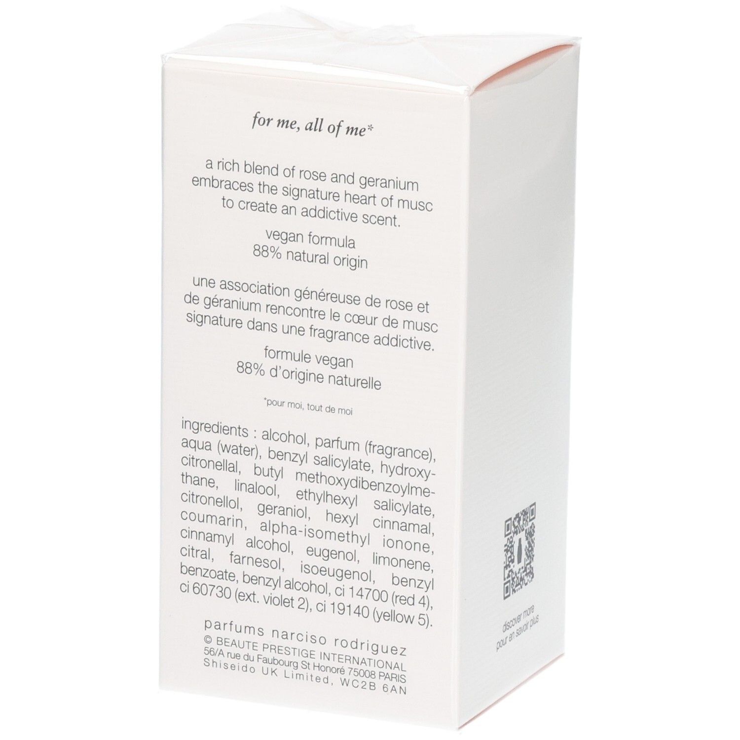 Rückseite der Narciso Rodriguez All of Me Eau de Parfum Verpackung mit Inhaltsstoffen.