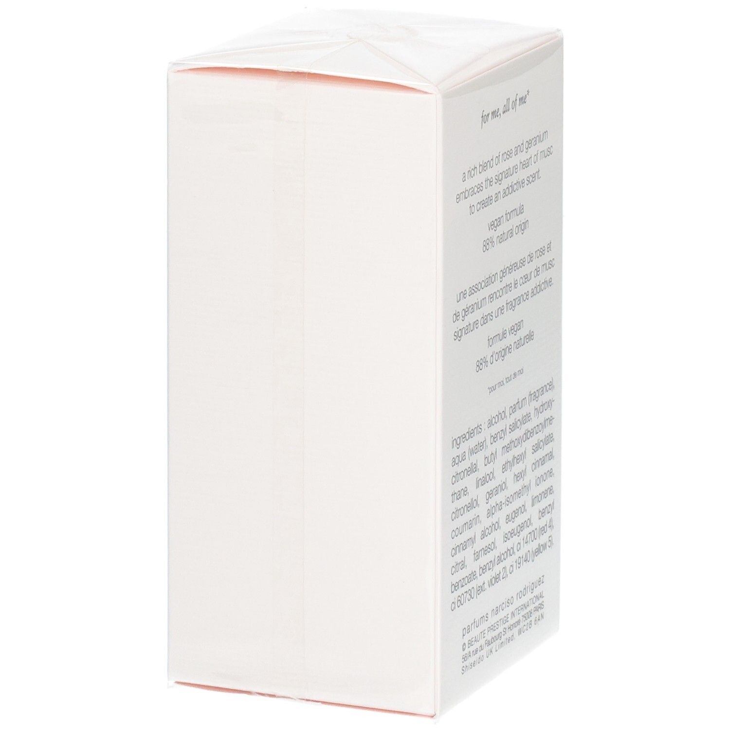 Seite der Narciso Rodriguez All of Me Eau de Parfum Verpackung mit Produktinformationen.