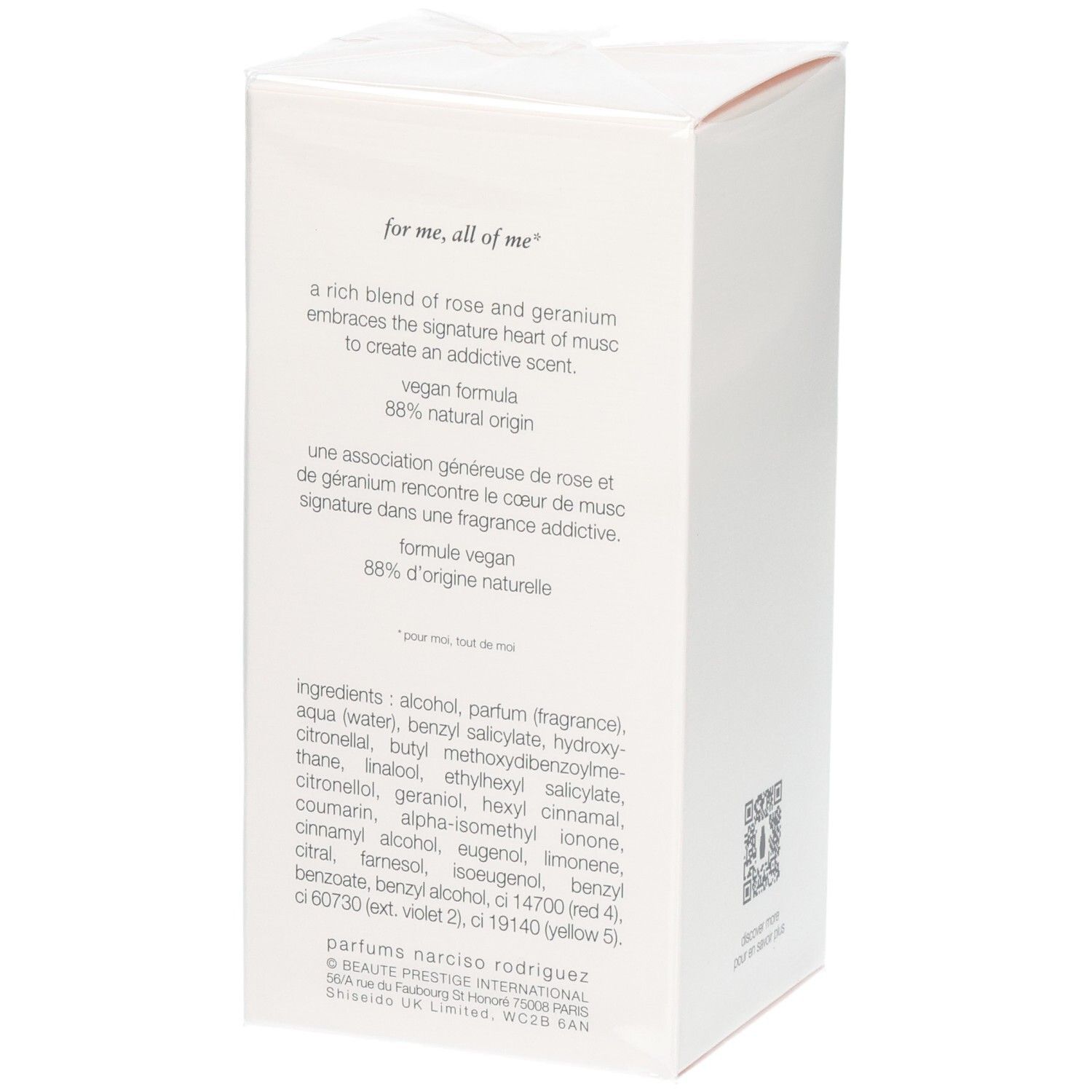 Seitenansicht der Narciso Rodriguez All of Me Eau de Parfum Verpackung mit Inhaltsstoffen.