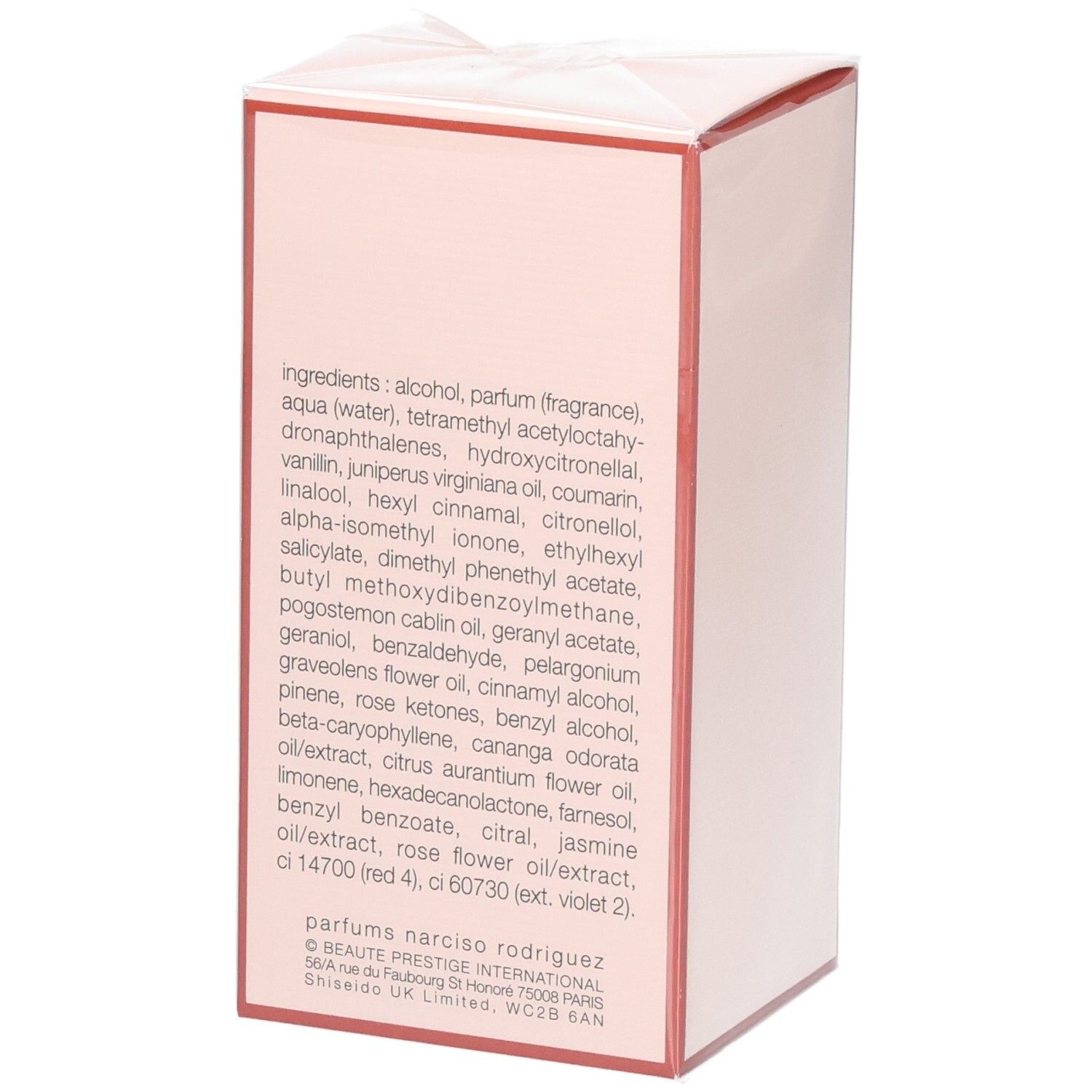 Rückseite der Verpackung von Narciso Rodriguez All of Me Eau de Parfum Florale mit Inhaltsstoffen.