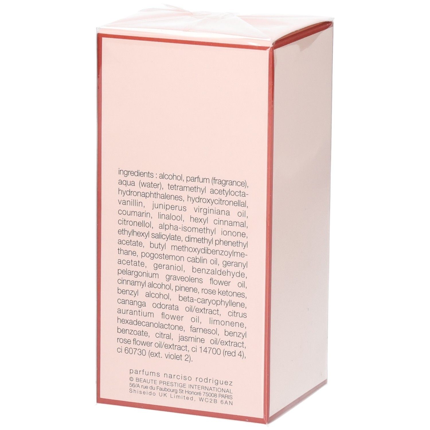 Verpackung von Narciso Rodriguez All of Me Eau de Parfum Florale, Seitenansicht mit Inhaltsstoffen.