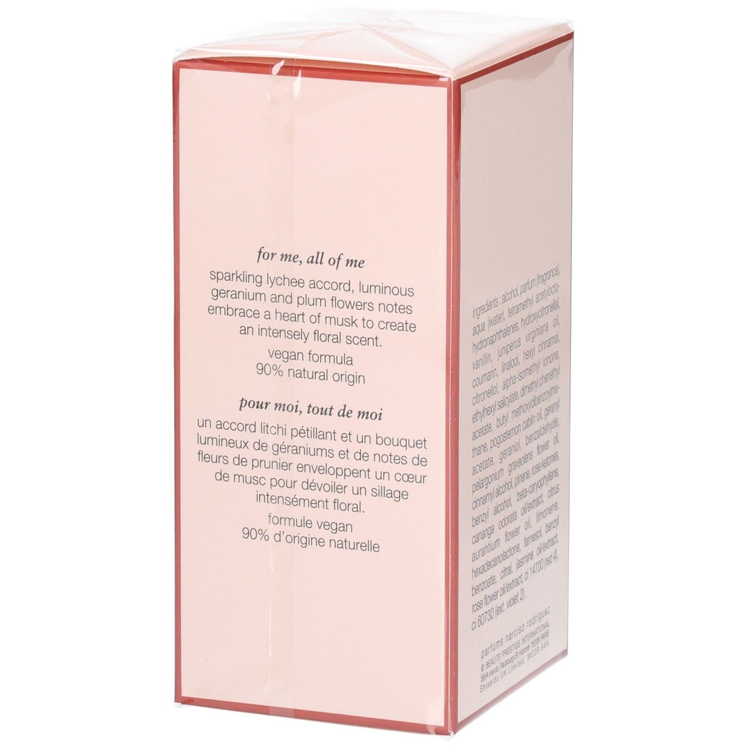 Verpackung von Narciso Rodriguez All of Me Eau de Parfum Florale, Seitenansicht mit Beschreibung.