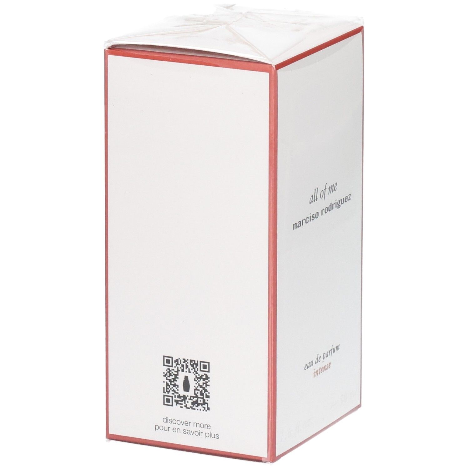 Weiße Parfümverpackung mit rotem Rand. Beschriftung: 'all of me narciso rodriguez', 'eau de parfum'. QR-Code unten.