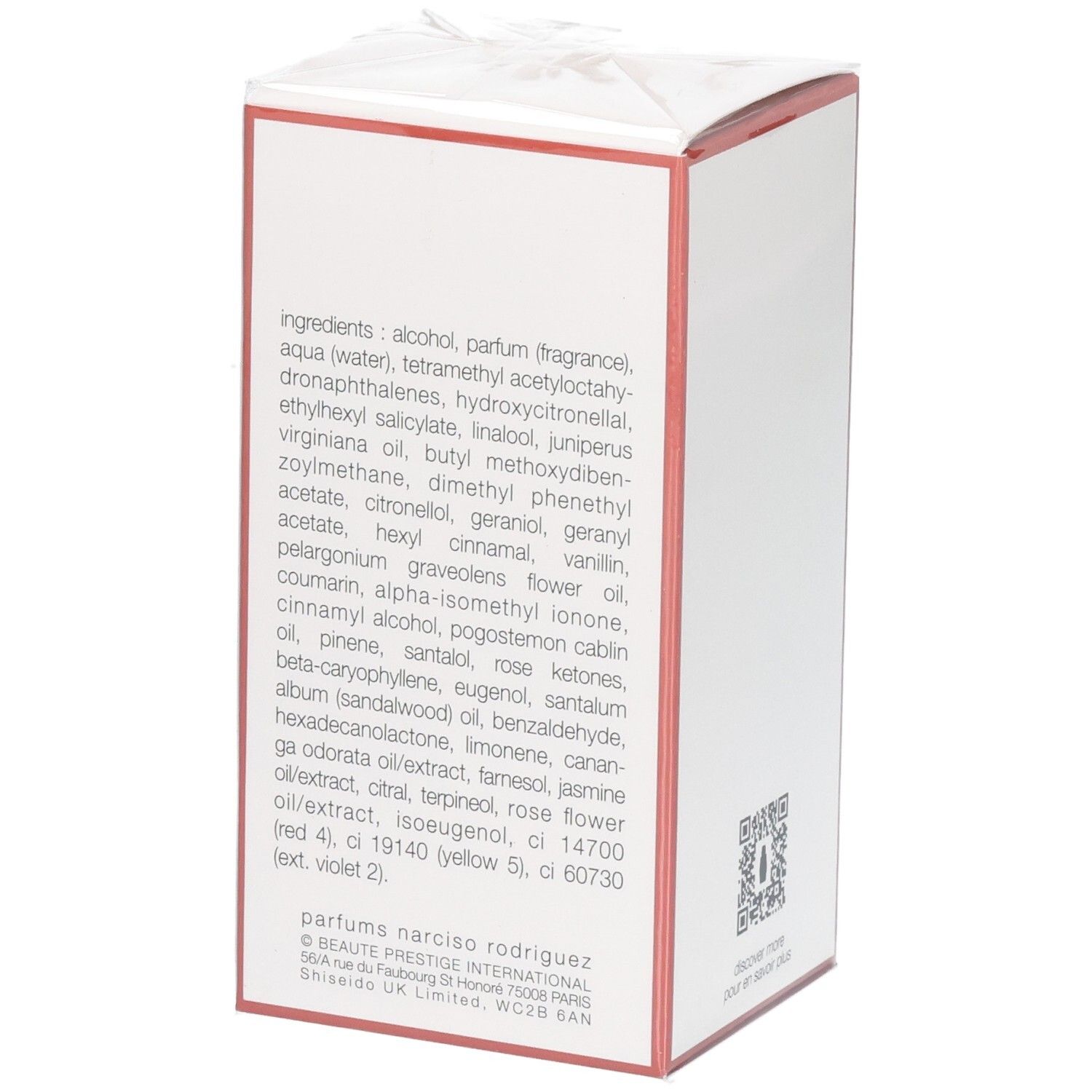 Verpackung mit Inhaltsstoffliste und QR-Code. Marke: Narciso Rodriguez.