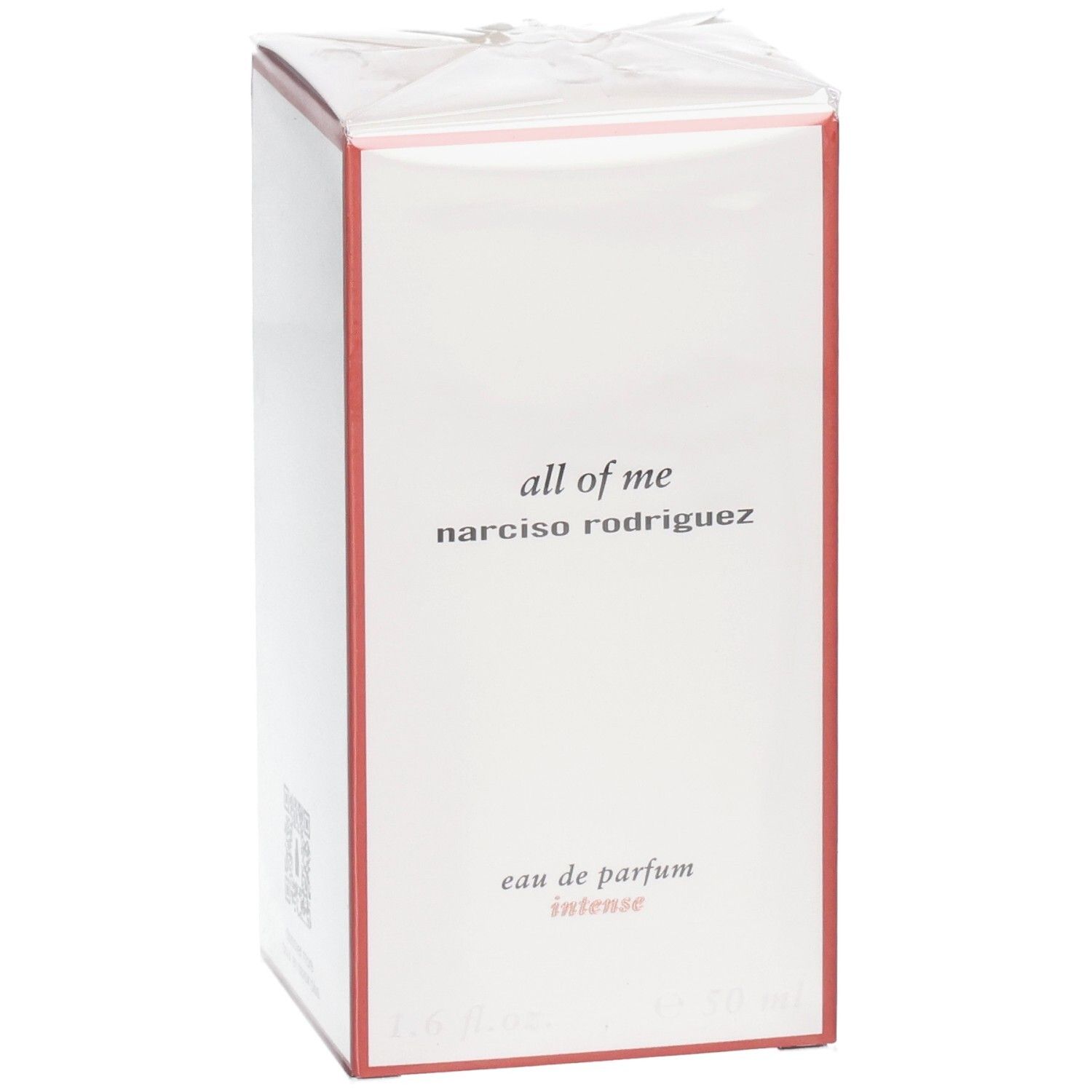 Verpackung für Narciso Rodriguez All of Me Eau de Parfum Intense, weiß mit roten Akzenten.