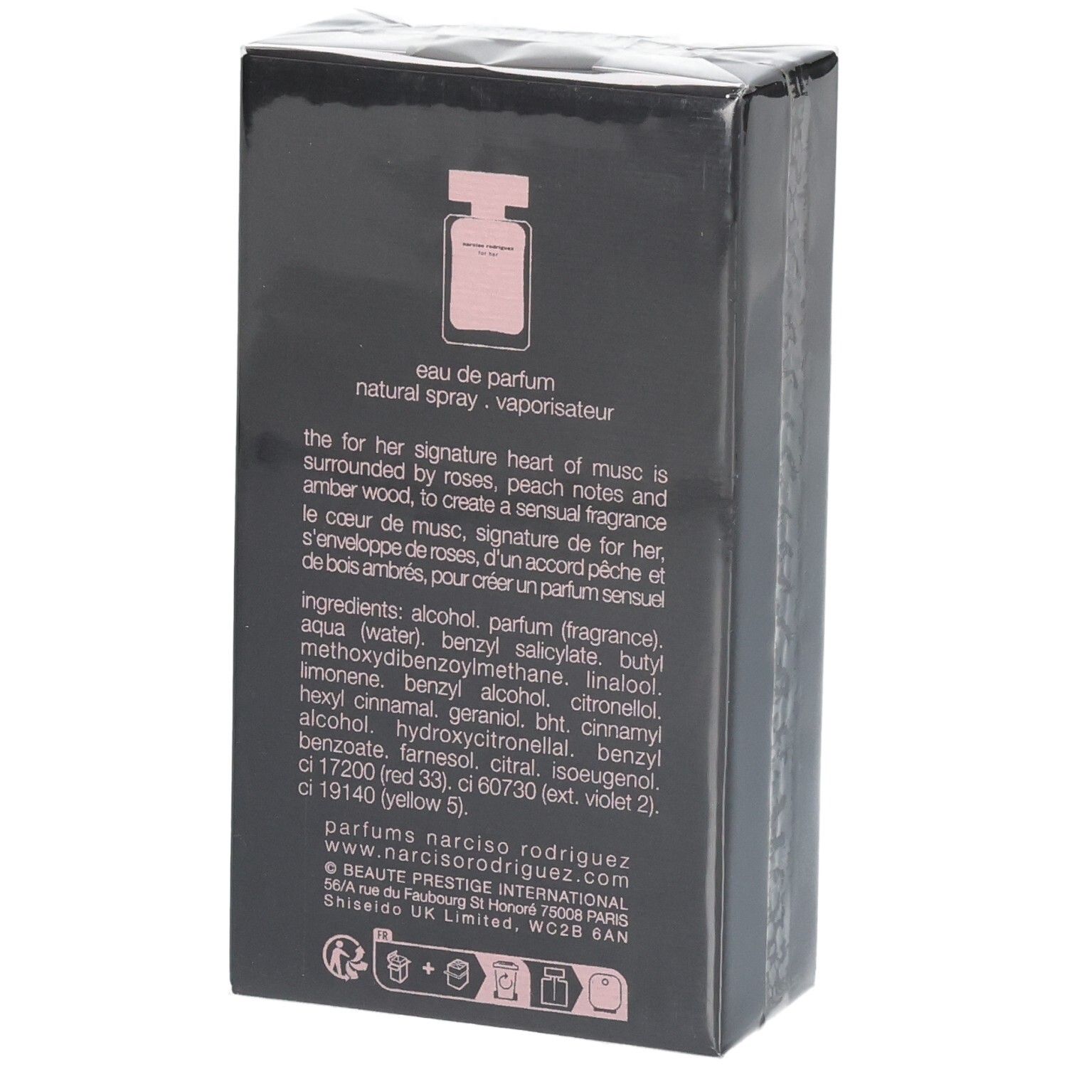Rückseite der Narciso Rodriguez For Her Eau de Parfum 50 ml Verpackung mit Inhaltsstoffen.